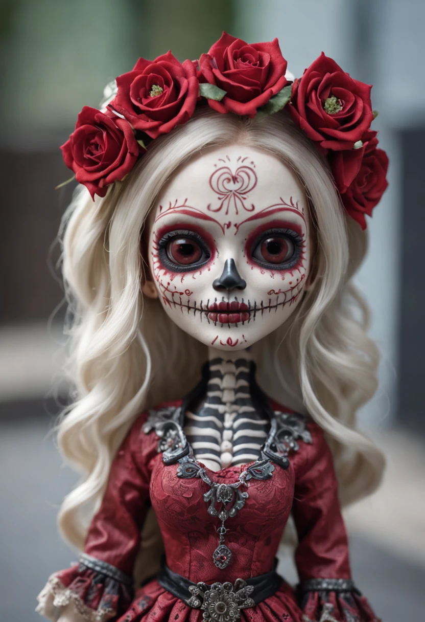 A Colored Tattoo Art Masterpiece, Chibi La  Catrina Doll, Blond hair, creepy smiling, Red Dress, Blood and roses, in a western Mexican Street, detailed and Intrincicated, HD, isometric fractal Bioluminicense