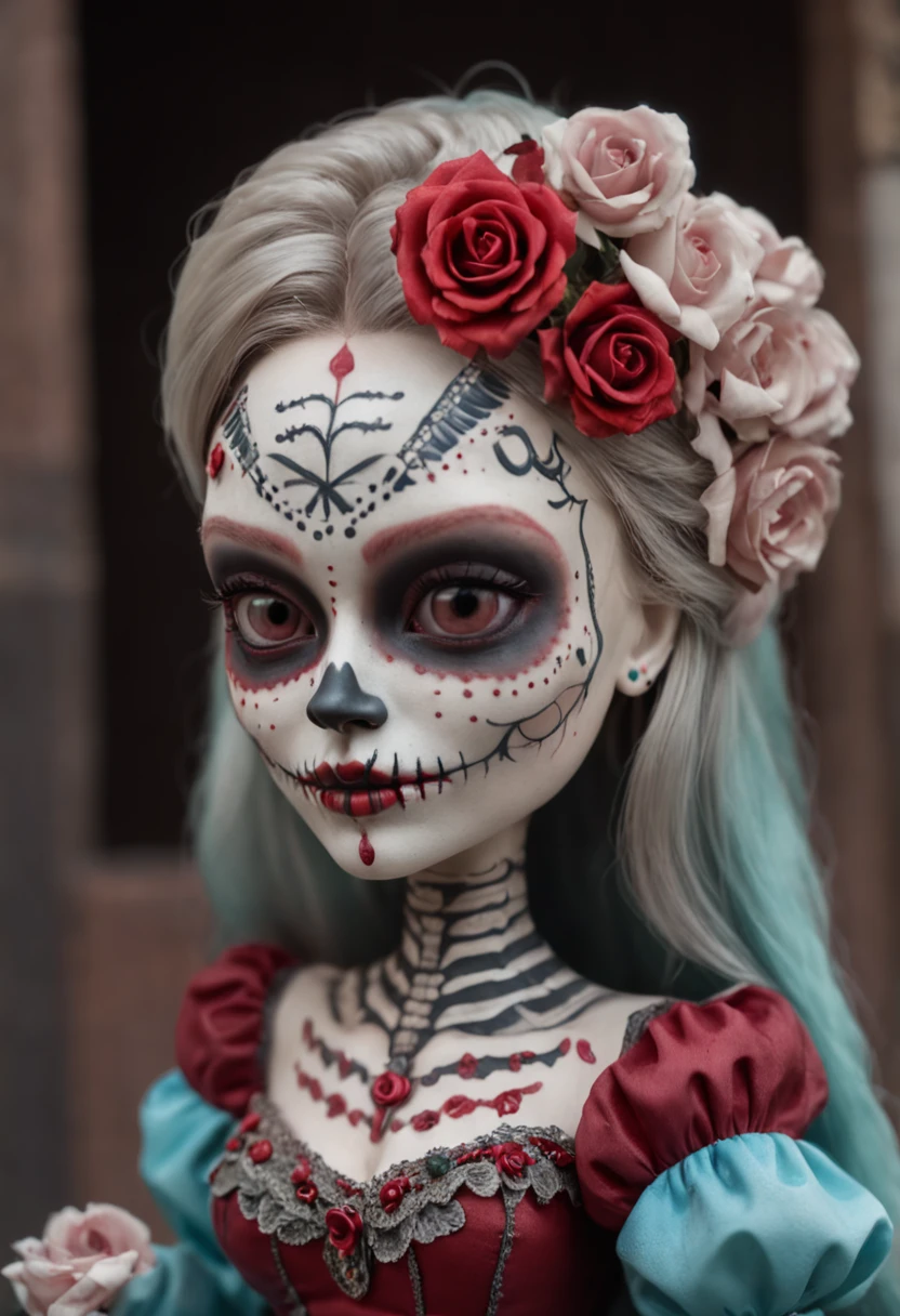 zombie rococo lady, wonderful post-apocalypse scenery, uncanny atmosphere, dull side light, hyperdetailed, krawcked_skn <lora:krawcked_skn:0.7>