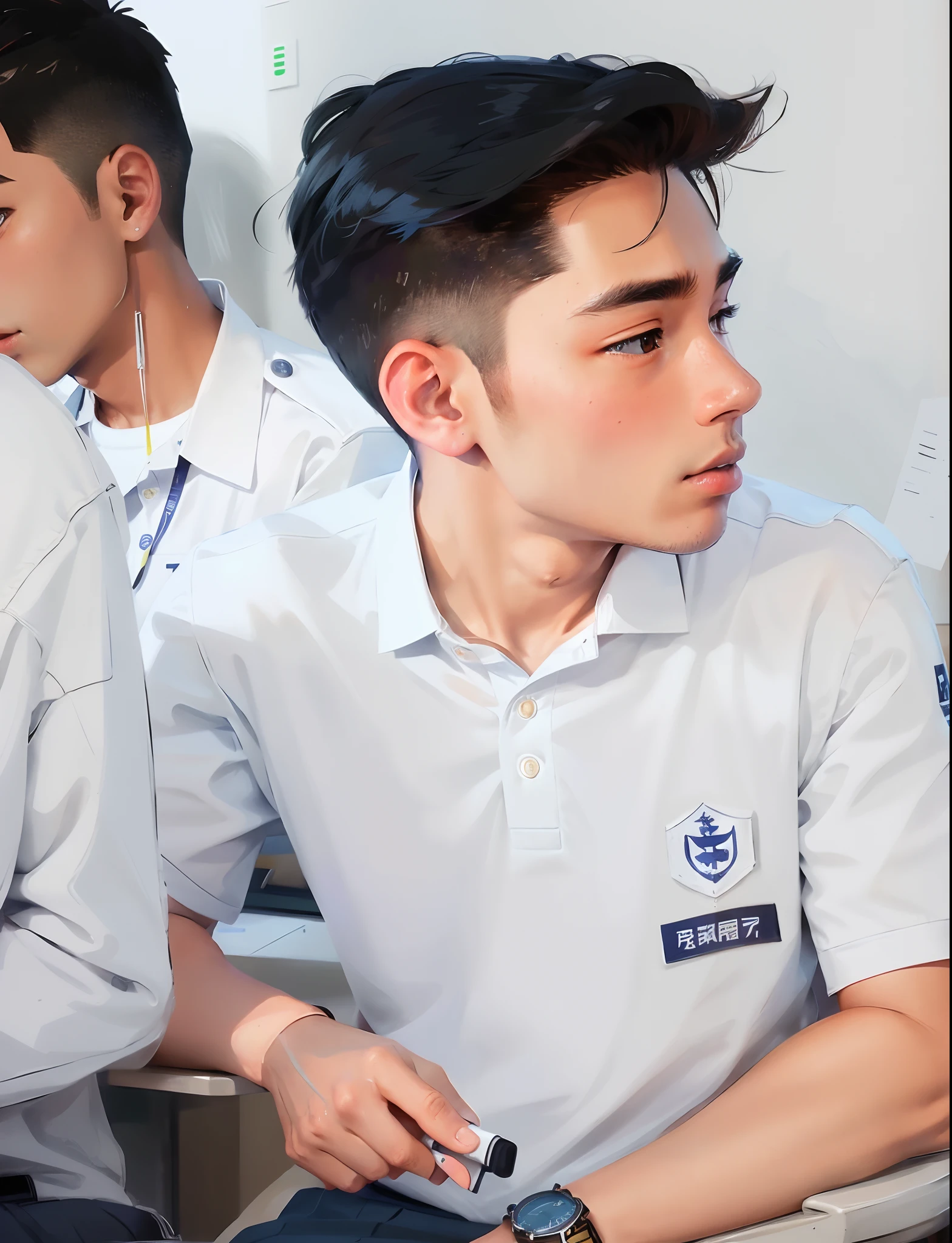 men in uniform sitting at a table, student, white uniform, wearing school uniform, wearing polo shirt, wearing a school uniform, jk uniform, wearing white shirt, during sunrise, plain uniform sky at the back, wearing a white shirt, avant uniform, profile shot, potrait, closeup - view, candid shot, over his shoulder, with watch, school boy anime
