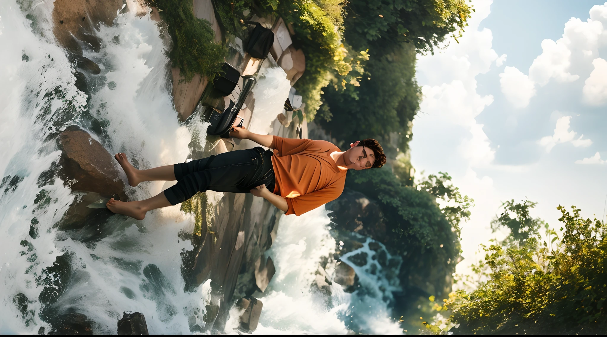 full body portrait, 1 gorgeous man, brown hair, heavy bust, wearing a black tank shirt and cut off jean shorts, smirking, posing for camera, Best quality, Masterpiece, (photograph realistic:1.4), surrealism, Dream-like, fusionart,