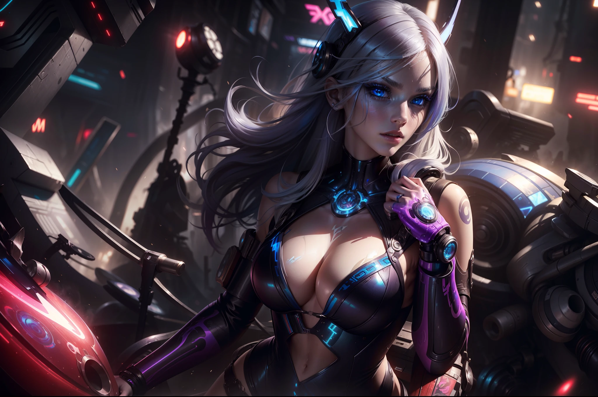 Masterpiece, Best Quality, Girls, Slender, Blue Eyes, Hair Color, Iridescent, Long Hair Spreading, White Skin, Medium, Cute, Sexy, Near Future, Cyberpunk, Bikini, Exposed Skin, Night, Psychedelic, Trip, Extreme Color, Paisley Theme, Open Legs, gothic lather suit , Full Body