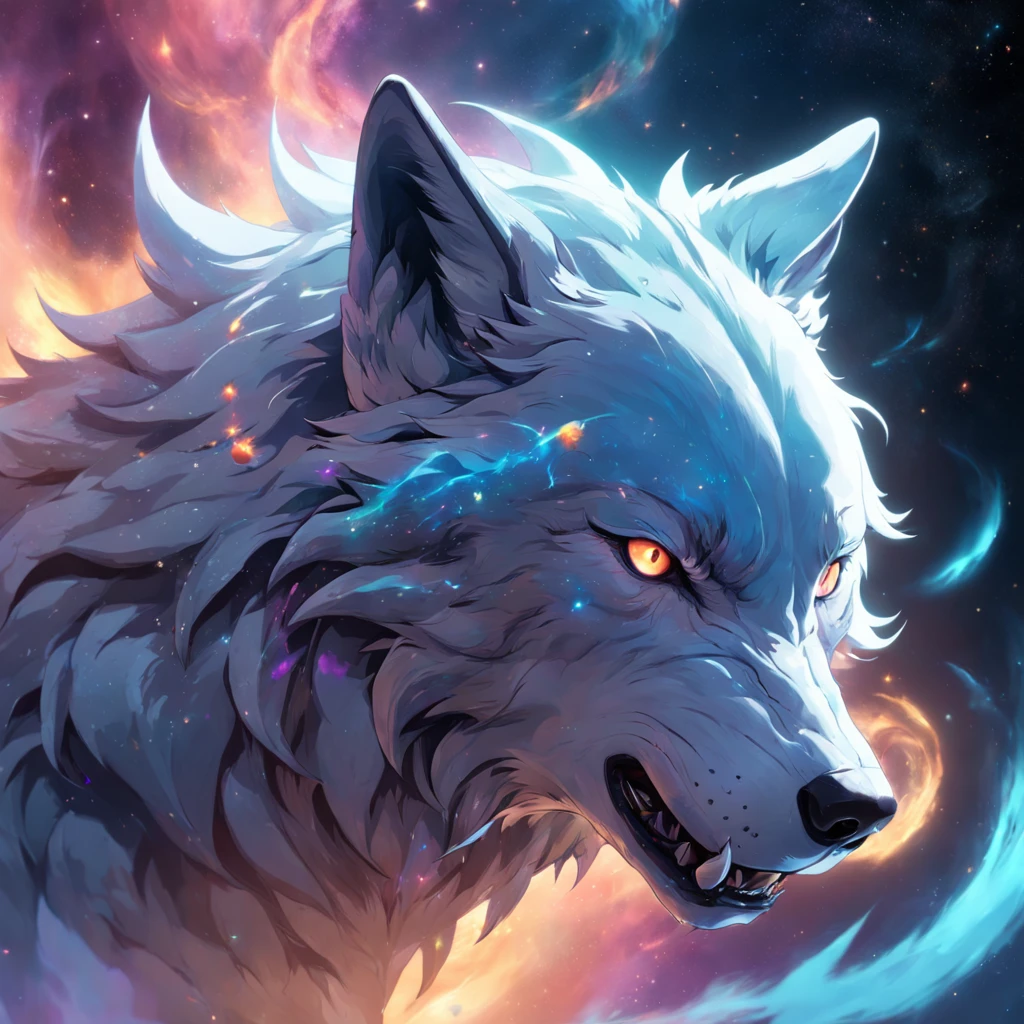 (wolf head), energia, Galaxies, Espirais, space, Nebulosas, Estrelas, smoke billowing, iridescente, detalhes intrincados, (em forma de lobo), octan render, 8k