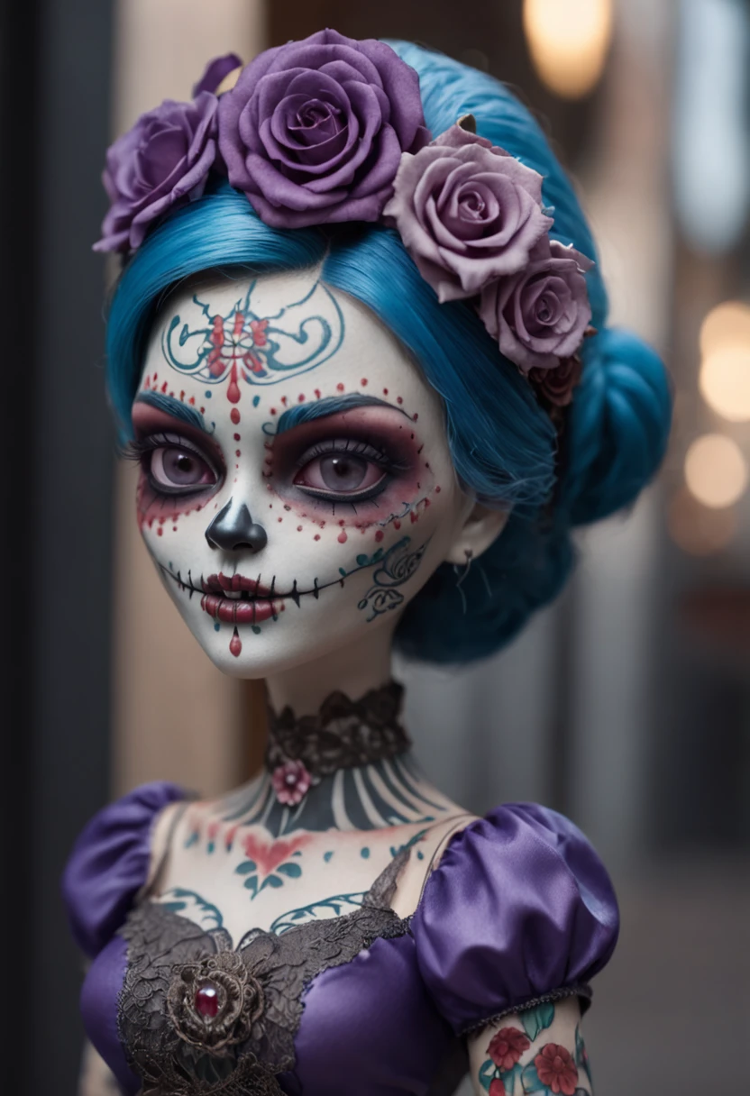 A Colored Tattoo Art Masterpiece, Chibi La  Catrina Doll, Blue hair, creepy smiling, Violet dress, Blood and roses, in a western Mexican Street, detailed and Intrincicated, HD, isometric fractal Bioluminicense