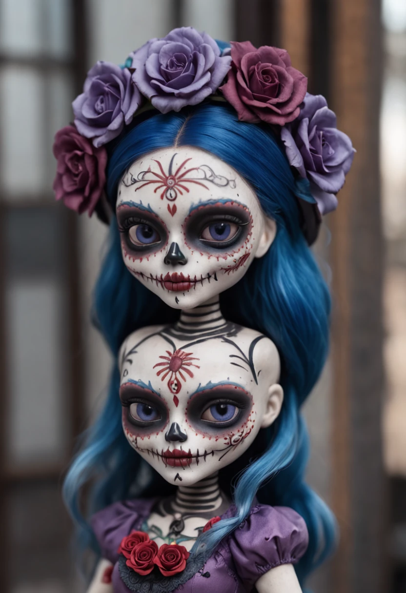 A Colored Tattoo Art Masterpiece, Chibi La  Catrina Doll, Blue hair, creepy smiling, Violet dress, Blood and roses, in a western Mexican Street, detailed and Intrincicated, HD, isometric fractal Bioluminicense