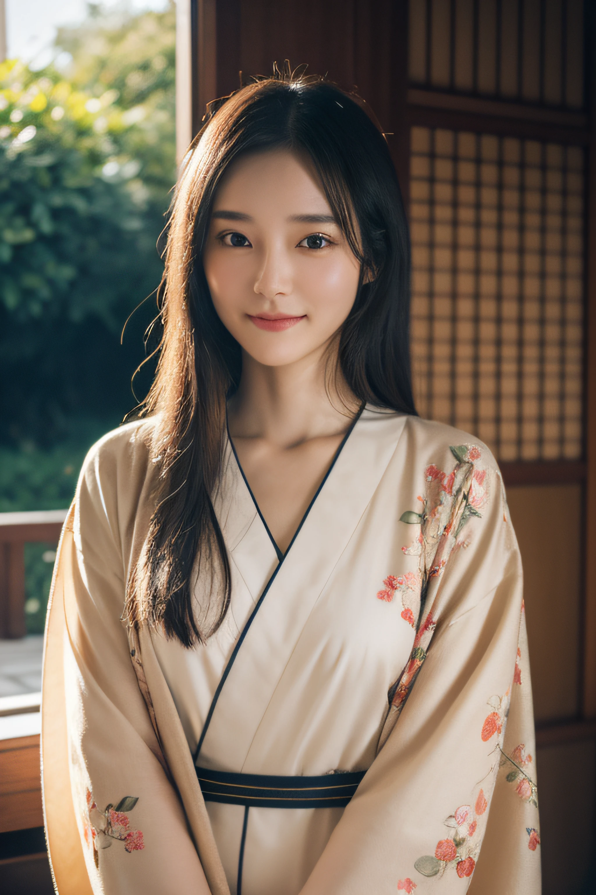 (Photorealsitic:1.4), (Top image quality:1.0), (超A high resolution:1.0), 8K, Raw photography, (​masterpiece:0.2), (pureerosface_v1:0.5)、(Best Quality Detail:1.2)、realisitic、8K UHD、hight resolution、(1girl in:1.2)、The ultra-detailliert、High quality textures、intricate detailes、detaileds、Very detailed CG、High quality shadows、Detail Beautiful delicate face、Detail Beautiful delicate eyes、depth of fields、Ray traching,1girl in, japanaese girl, Cute, slender, Black kimono, Kimono with Japanese pattern,Floral scrunchie, Beautiful skin, Facing the front,Sit down, Sit upright and say thank you,Align your hands elegantly,Smile faintly The Land of Japan,Japanese garden,Luxury Japanese-style room, skyporn, Magic Hour, (Realistic:1.3), Finely detailed, quality, (masutepiece:1.2), (Photorealistic:1.2), (Best Quality), (Intricate details), Dramatic, Ray tracing, photograph, +Lola