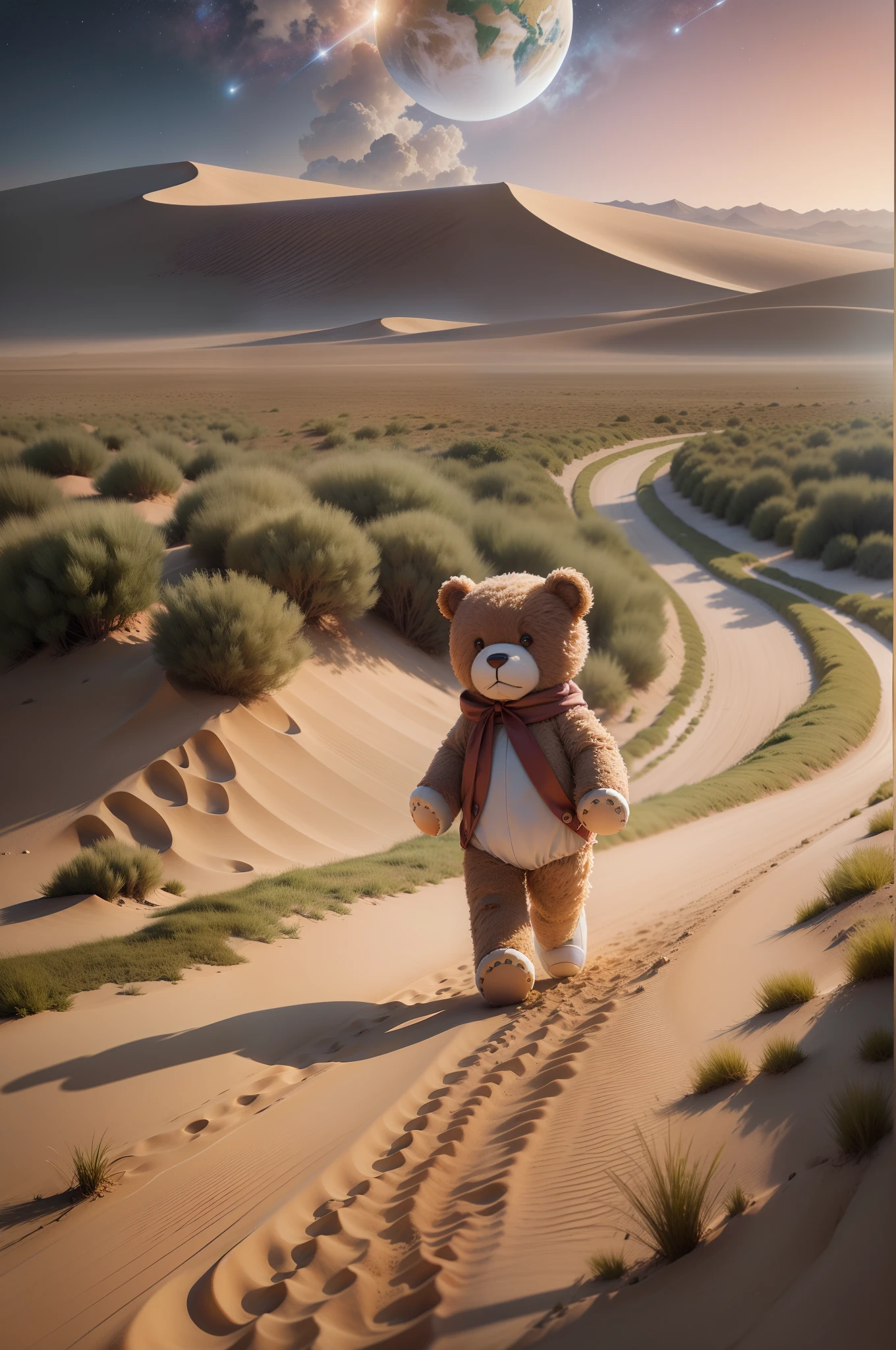 Beautiful teddy bear, walking on sandy lunar soil ((hyper realistic)), in the background is an image of the planet Earth and stars (((award-winning photo))) , ((Inspiring))