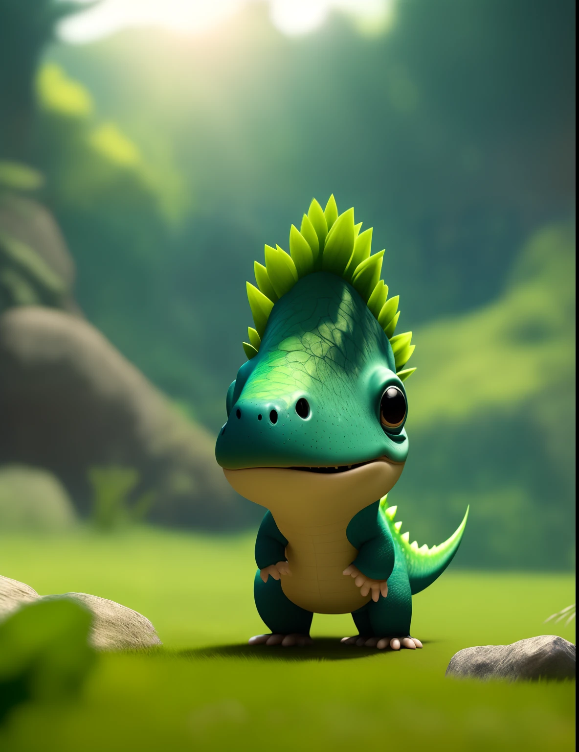 A cute Dizuki explores a cinematic portrait of a green and mysterious forest,Cheio de beleza de cristal colorido, fofo , 4k, circunstanciado , arte digital, trend, Disney , por Pixar, dinossauro verde fofo