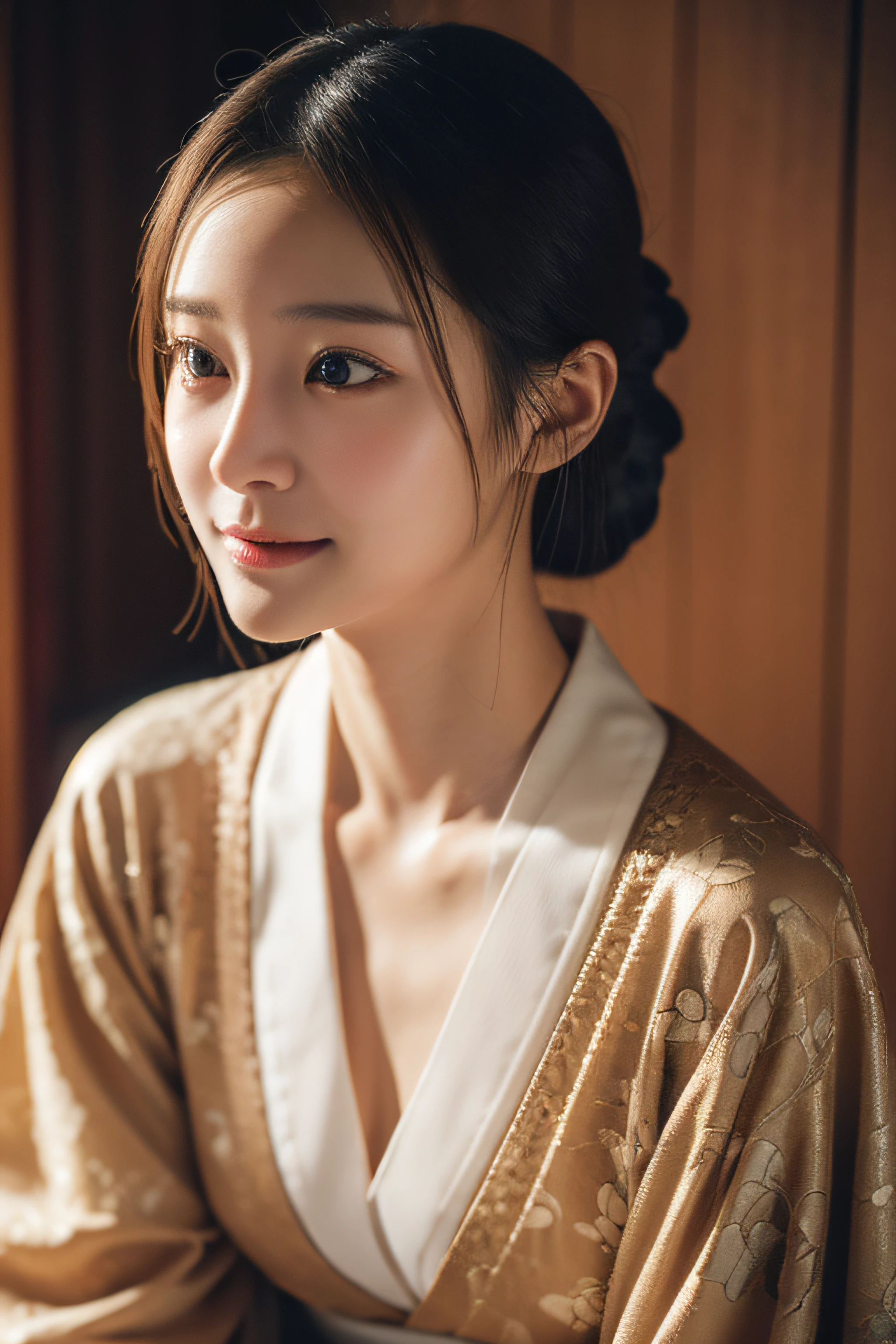 (Photorealsitic:1.4), (Top image quality:1.0), (超A high resolution:1.0), 8K, Raw photography, (masterpiece:0.2), (pureerosface_v1:0.5)、(Best Quality Detail:1.2)、realisitic、8K UHD、hight resolution、(1girl in:1.2)、The ultra-detailliert、High quality textures、intricate detailes、detaileds、Very detailed CG、High quality shadows、Detail Beautiful delicate face、Detail Beautiful delicate eyes、depth of fields、Ray traching,1girl in, japanaese girl, Cute, slender, Black kimono, Kimono with Japanese pattern,Floral scrunchie, Beautiful skin, Facing the front,Sit down, Sit upright and say thank you,Align your hands elegantly,Smile faintly The Land of Japan,Japanese garden,Luxury Japanese-style room, skyporn, Magic Hour, (Realistic:1.3), Finely detailed, quality, (masutepiece:1.2), (Photorealistic:1.2), (Best Quality), (Intricate details), Dramatic, Ray tracing, photograph, +Lola