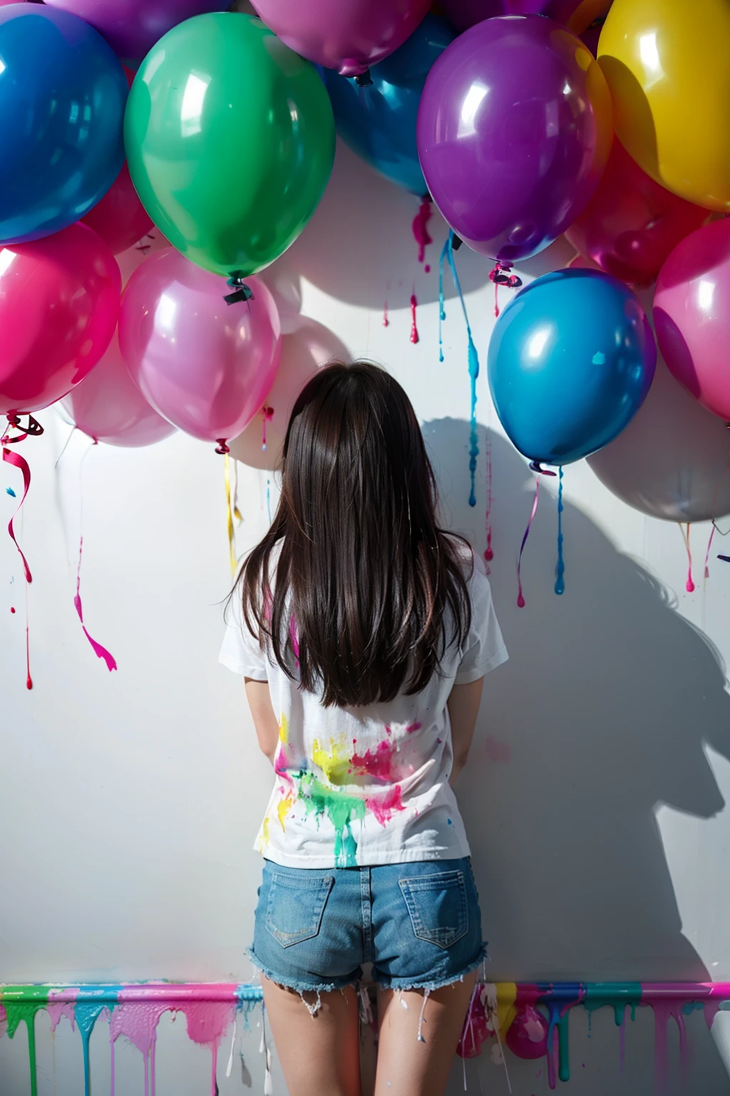 Throwing balloons stained with paint,A lot of balloons break、Paint flying out of a broken balloon、Splattering colorful paint、Hair stained with paint、A lot of clothes that get dirty with paint、Garment Rack、Balloons that hit the wall and break、Colorful paint splattering on the wall