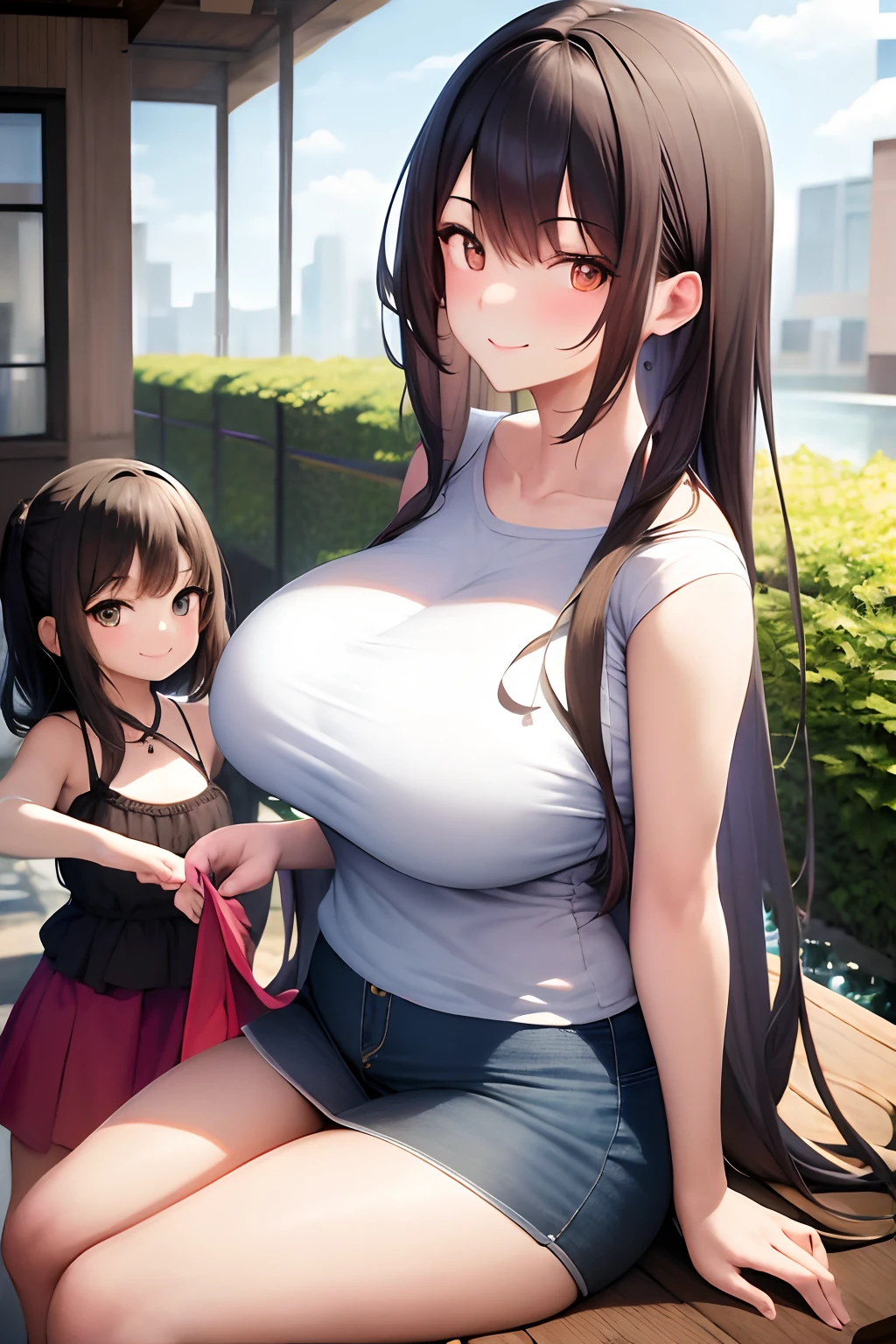 masterpiece, highres, best quality, 2girls, size difference, casual, Mother and daughter, smiling, looking at viewer