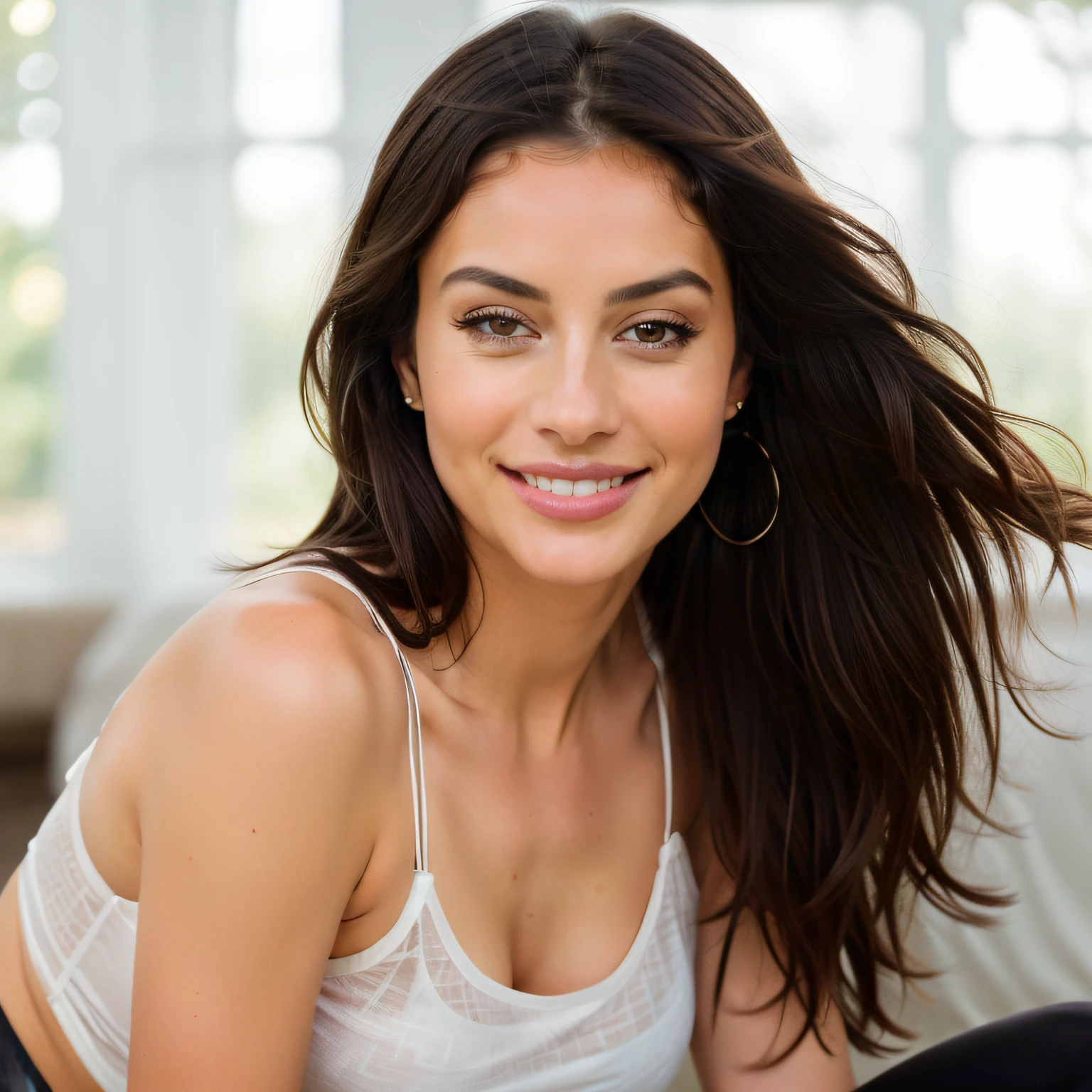 cute smiling beautiful brunette, wearings a tight black yoga pants and a white sheer top tank , ((sheer tank)), full body,no bra, perfect angle, very detailed, 32 years old, flirty face, messy long hair, brown eyes, high-res, masterpiece, best quality,intricate details, highly detailed,sharp focus, detailed skin,realistic skin texture,texture, detailed eyes, professional, 4k, smile, shot on Canon, 85mm,shallow depth of field,kodak vision color, eyeshadow, extremely detailed, photo_\(ultra\), photorealistic, realistic, post-processing, max detail, roughness, real life, ultra realistic, photorealism, photography, 8k uhd, photography, braless