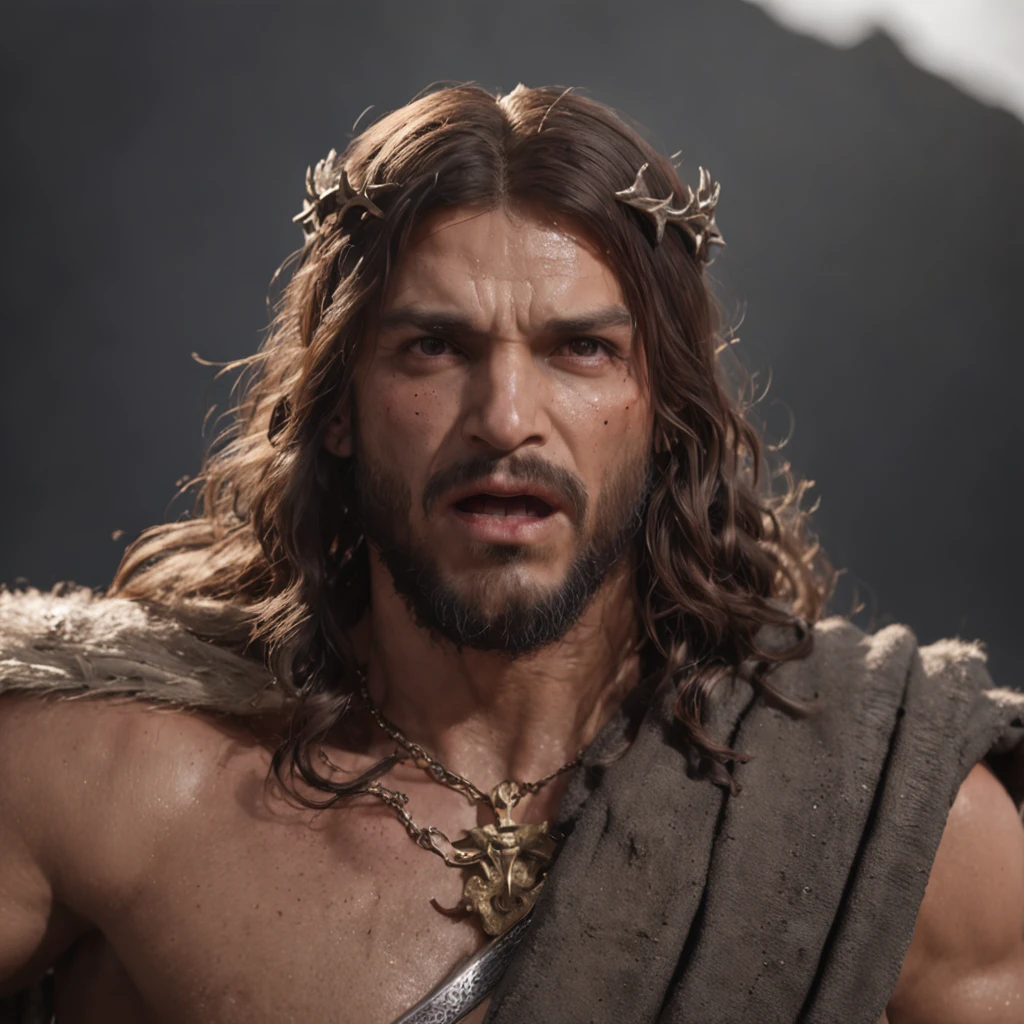 (Professional 3D rendering:1.3) de (Realistic:1.3) Foto de arte mais bonita do mundo，It presents Jesus Christ with a crown on his head, ((Epic hero fantasy rough muscular man wet hero angry look long hair short beard and fierce expression in dynamic pose, fantastic location, majestoso ambiente desordenado)), corpo inteiro 8k unidade render, action shot, poros da pele, very dark lighting, sombreamento pesado, circunstanciado, Rosto detalhado, (vibrante, fotogrdeia realista, Realistic, Dramatic, Escuro, foco nítido, 8k), (Old leather clothes damaged by bad weather:1.4), ((((Use peles)))), (intrincado:1.4), decadente, (altamente detalhado:1.4), pintura digital, rendering by octane, art stations, Conceito-Arte, liso, foco nítido, illustration, germe da arte, (Loish:0.23), Wlop Ilya Kuvshinov, e Greg Rutkowski e Alphonse Mucha Gracias, (global ilumination, studiolight, Light Volumetric), chuva forte, floating particles, patife, fantasia, Onze, corpo inteiroesbian, ((Fundo escuro e antigo da cidade:1.3)),CGSesociedade,art stations