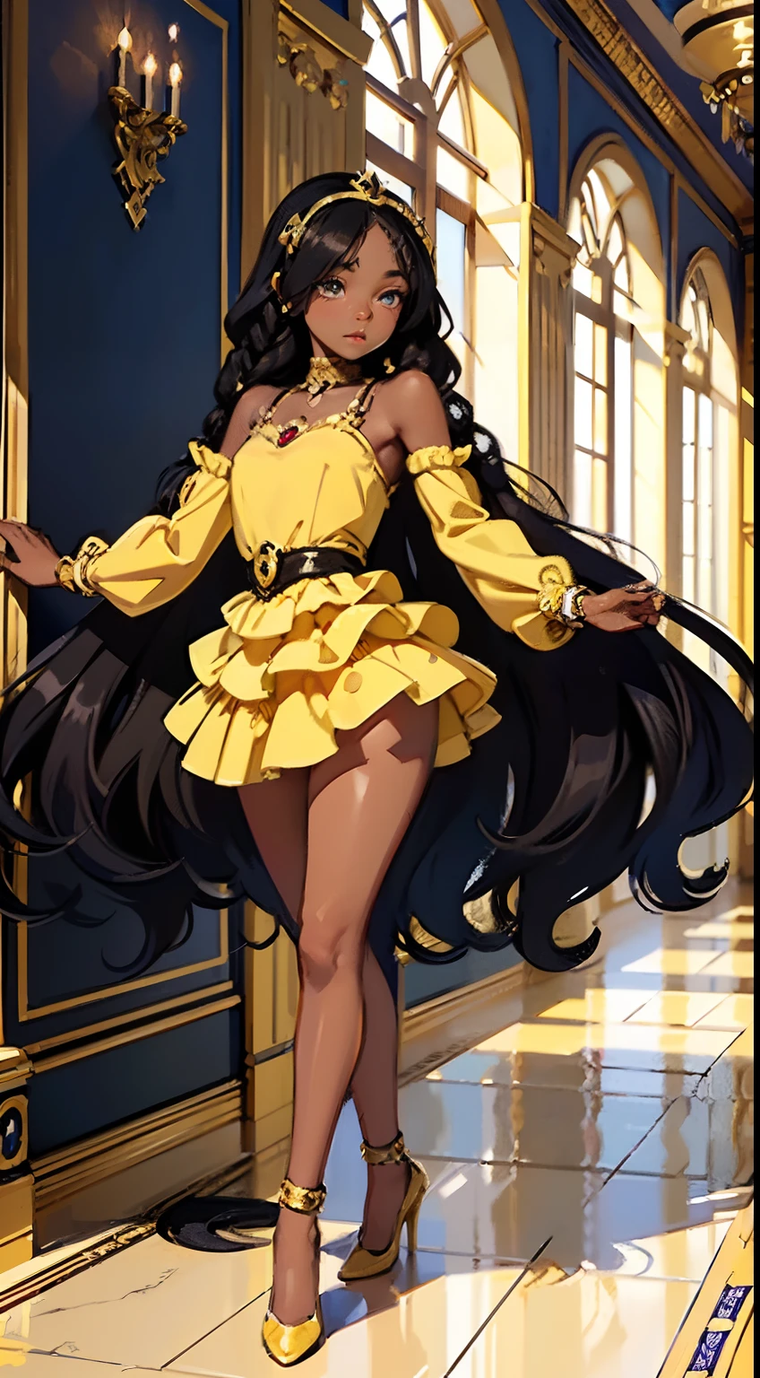 detailed cartoon, black young princess sisters with hair braids and almond shaped eyes, dark brown skin, full body wearing yellow princess dress, cartoon character, 8k, high quality, high resolution, 4k, hd,(well designed body), amazing body, (super detailed), beautiful eyes, cartoon,(gorgeous and luxurious palace:1.3),