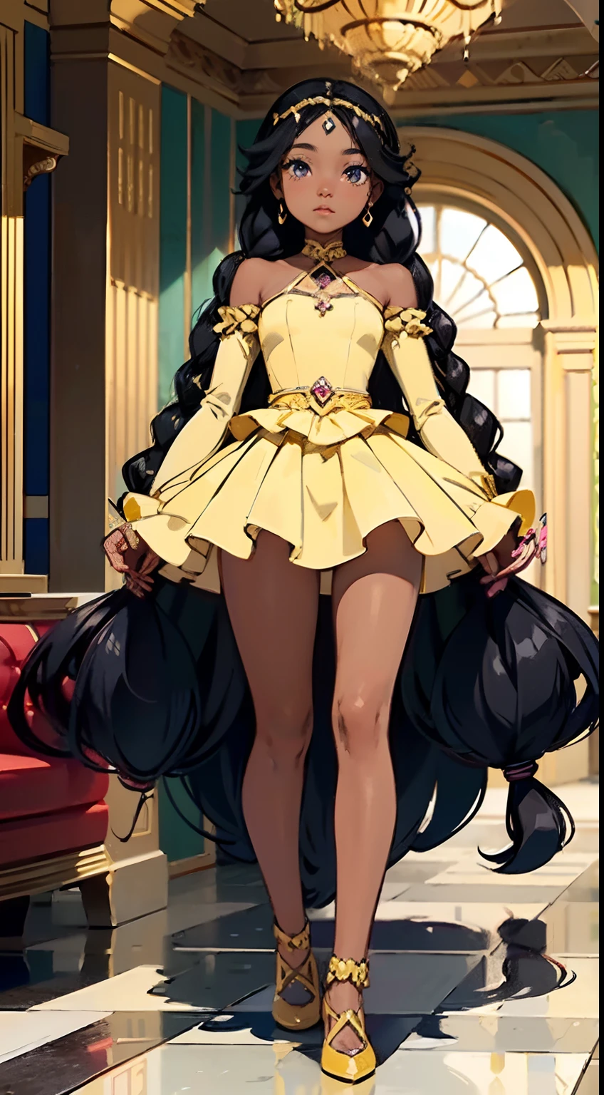 detailed cartoon, black young princess sisters with hair braids and almond shaped eyes, dark brown skin, full body wearing yellow princess dress, cartoon character, 8k, high quality, high resolution, 4k, hd,(well designed body), amazing body, (super detailed), beautiful eyes, cartoon,(gorgeous and luxurious palace:1.3),