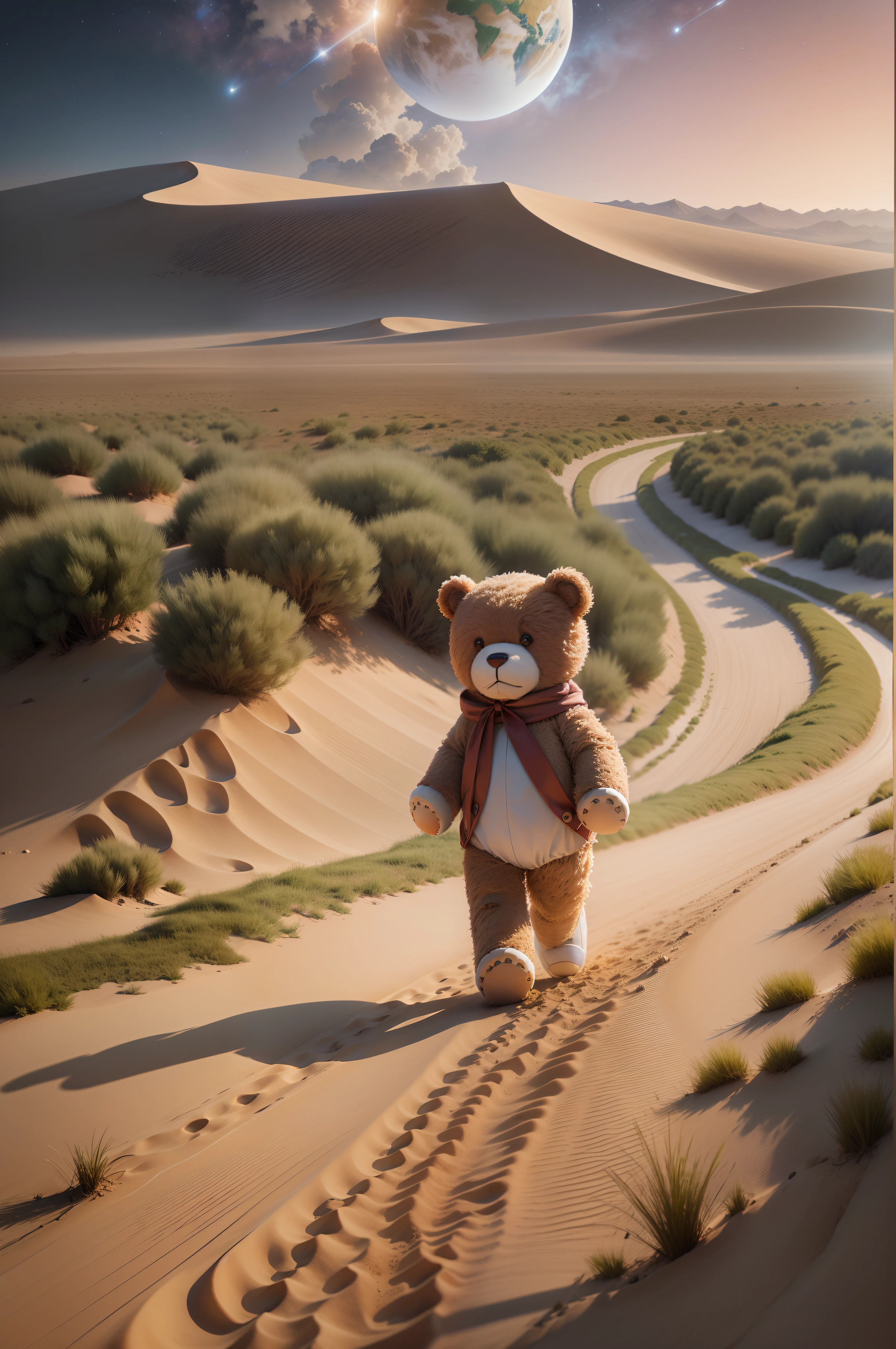 Beautiful teddy bear, walking on sandy lunar soil ((hyper realistic)), in the background is an image of the planet Earth and stars (((award-winning photo))) , ((Inspiring))