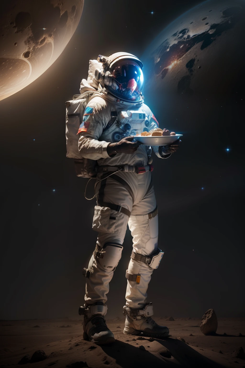 A astronaut,standing on the Moon surface,milky ways in the sky,Space suite,holding up a food plate, looking into the camera