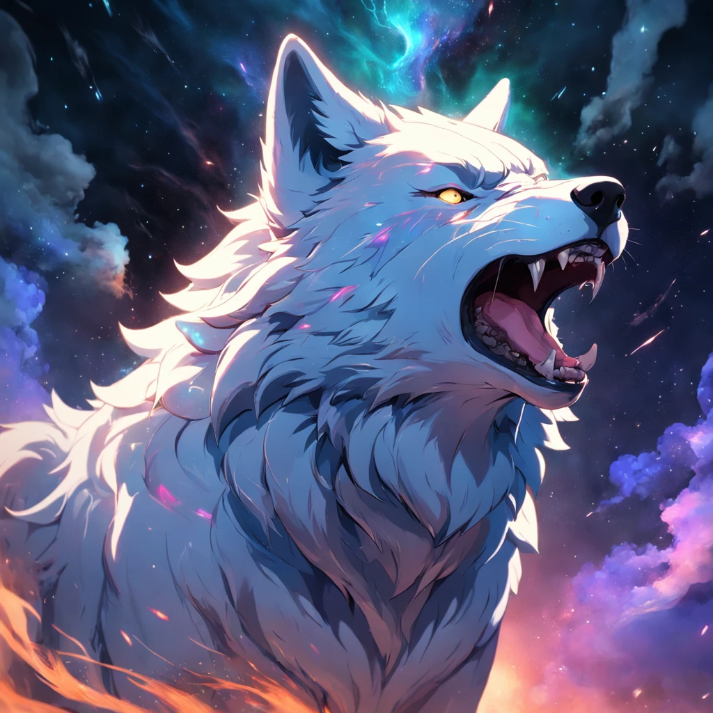 (wolf head), energia, Galaxies, Espirais, space, Nebulosas, Estrelas, smoke billowing, iridescente, detalhes intrincados, (em forma de lobo), octan render, 8k