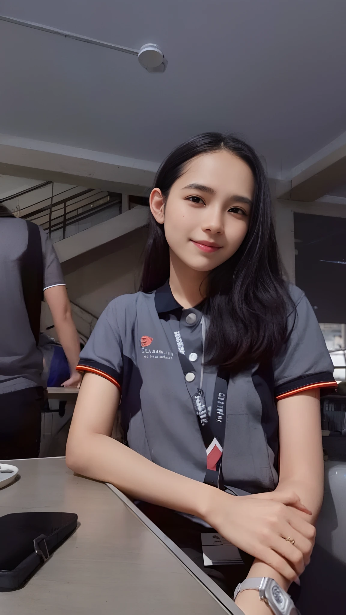 there is a woman sitting at a table with a cell phone, nivanh chanthara, student, sakimi chan, 18 years old, 1 6 , during sunrise, lily frank, taken in 2 0 2 0, serena malyon, with long hair, inspired by Ni Yuanlu, photo taken in 2 0 2 0