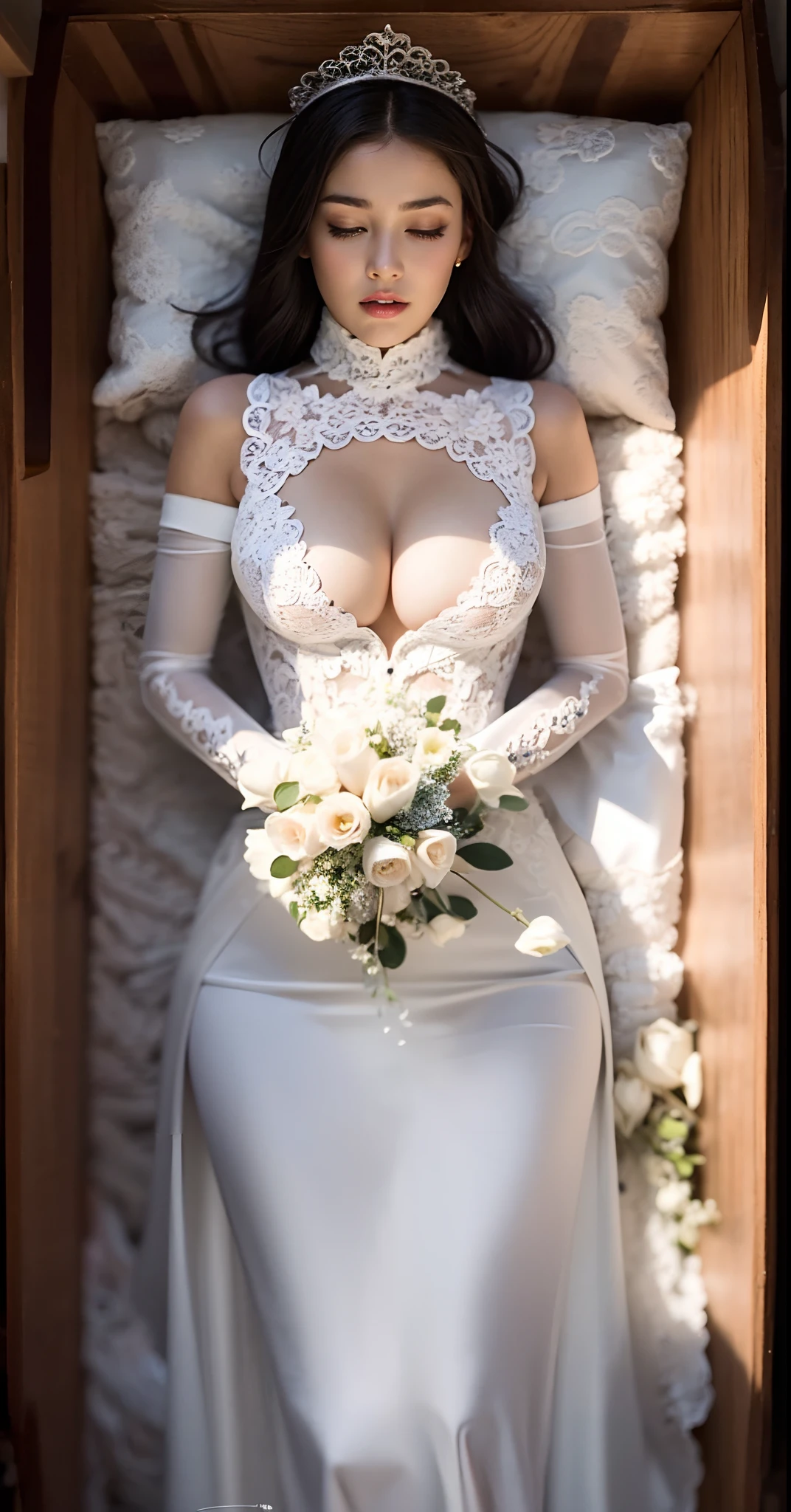1girl, solo, wooden casket, girl sleep in casket, girl laying in casket, eyes closed, closed mouth,(interlocked_fingers:0.961), (own_hands_together:0.971), (straight:0.971), (own_hands_clasped:0.961), (absolute cleavage), straight body, straight legs, big boobs, round breasts, (full body viewed), (sexy breast), (sexy cleavage), (around the casket is a wreath of flowers), (((black hair))), ((blonde hair)), ((wearing a white suspender with a deep V-neckline wedding dress with flower-shape lace , heavy lace and long sleeves)), ((maid dress)), ((long dress)), head on pillow