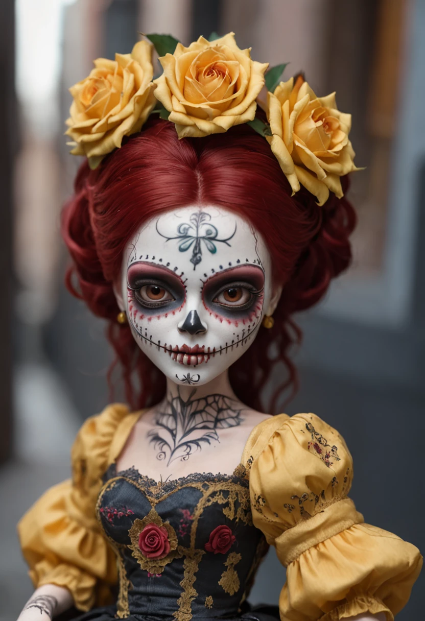 A Colored Tattoo Art Masterpiece, Chibi La Catrina Doll, Red hair, creepy smiling, Yellow Dress, Blood and roses, in a western Mexican Street, detailed and Intrincicated, HD, isometric fractal Bioluminicense