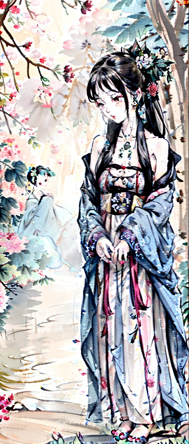 ((4K,Masterpiece,Best quality)), shuimobysim, Traditional Chinese painting, lotuses, Hanfu, maxikit, Dressed revealing,Large breasts, 1girll, Solo, cabelos preto e longos, Smile shyly, standing on your feet, feet in water, The barefoot,