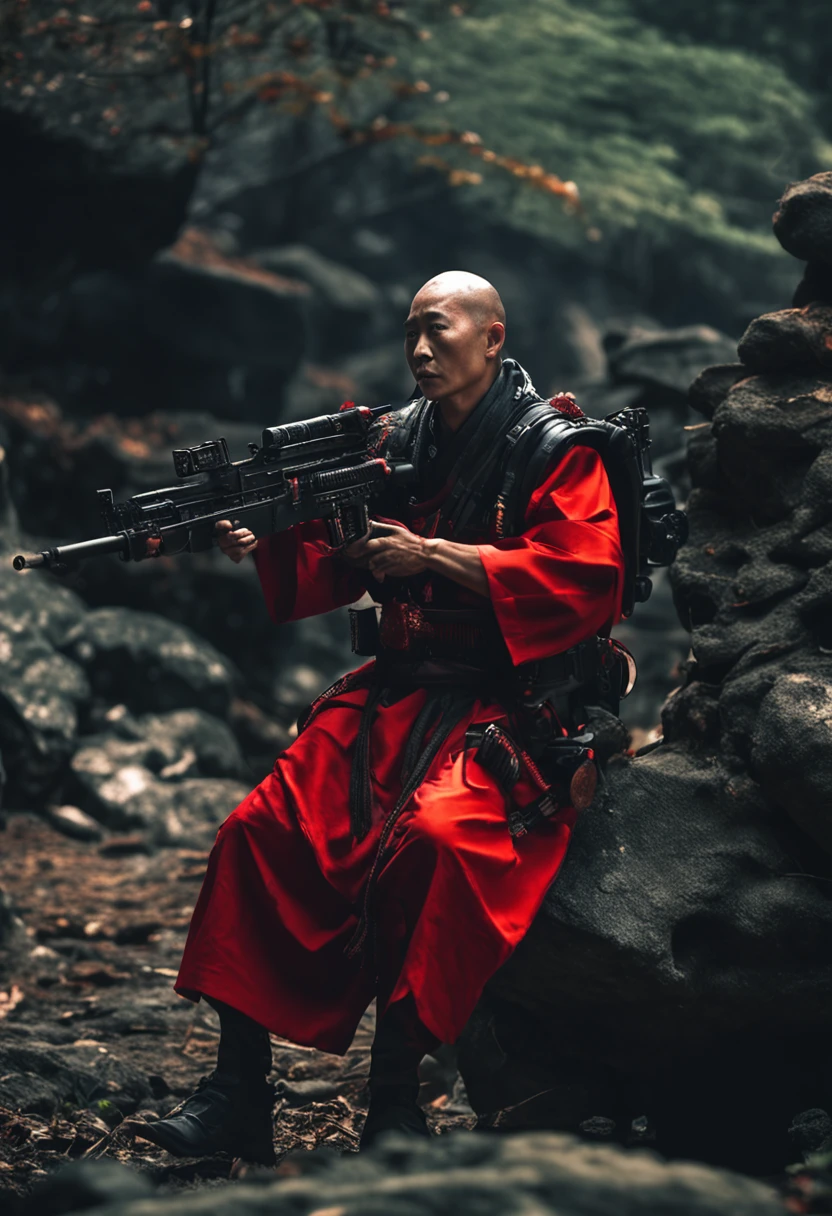 Chinese monk with Gatling heavy machine gun，Wearing a red cassock，Expressions of intimacy，The background is deep mountains and ancient forests，cyber punk style，A high resolution，Add details，Half-body diagram，Depth of field effect，Cinematic lighting，filmgrain，Live-action effect