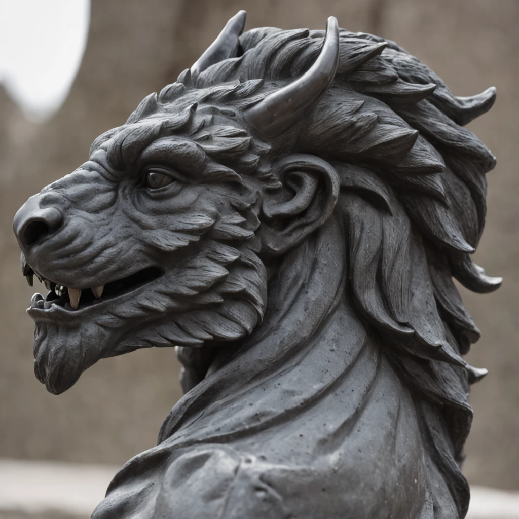 A profile sculpture for a Facebook page about gaming, carved from black marble, depicting a fantasy hero in a heroic pose, espada erguida, miniature dragon at your feet, Epic and imposing atmosphere, Escultura, Black Marmore, cinzel e martelo, detalhes intrincados, --ar 1:1 --v 5