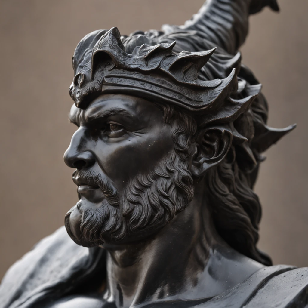 A profile sculpture for a Facebook page about gaming, carved from black marble, depicting a fantasy hero in a heroic pose, espada erguida, miniature dragon at your feet, Epic and imposing atmosphere, Escultura, Black Marmore, cinzel e martelo, detalhes intrincados, --ar 1:1 --v 5