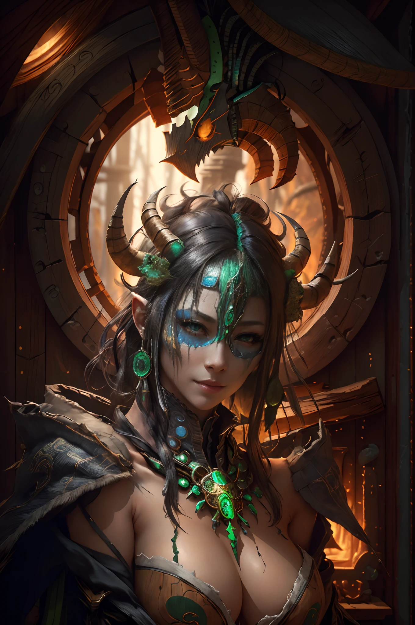 sh4g0d,
Beautiful girl shaman, wearing mask made of wood, portrait, standing in an s-shape, green ringlets, sexy breast, 4k , great details and colours