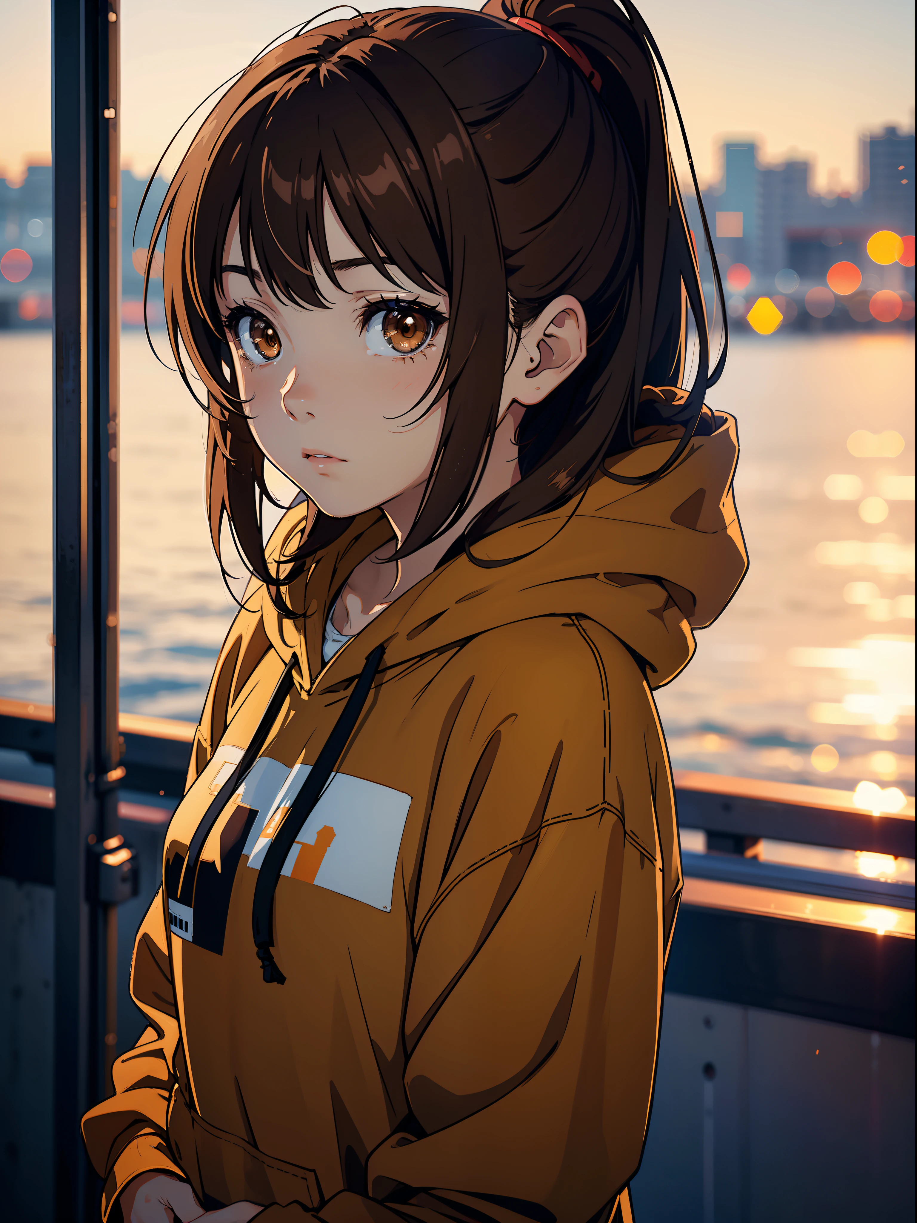 A close up picture of an anime girl gazing at the camera with an expressionless face, she has brown hair and brown eyes, wearing a brown hoodie. Bokeh. Depth of field. Film grain. Sunset in the background.
