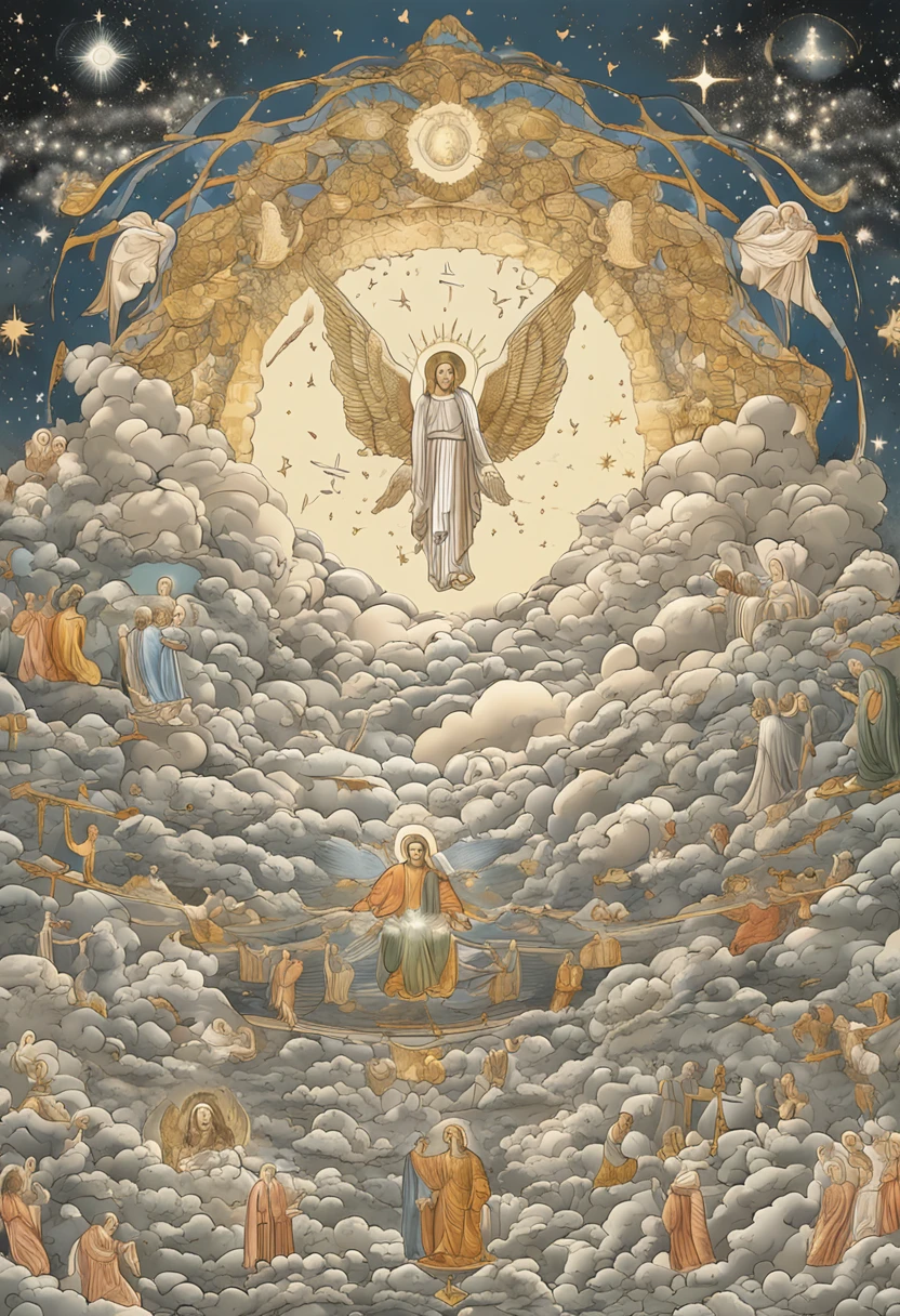 Describe the image of God in heaven: Visualize uma cena majestosa e transcendental, where the divine presence of God is represented in heaven. As nuvens se estendem em camadas suaves e brancas, forming a kind of ethereal tapestry that surrounds the celestial scenery. No centro da cena, uma figura luminosa e imponente emerge das nuvens. God is portrayed as an entity of golden and radiant light, its form is immaterial, but it conveys a sense of grandeur and infinite power. Raios de luz emanam dele, irradiando energia e amor divino.Although God is incomprehensible in his totality, the representation suggests human traits in its form, with soft contours that suggest a benevolent face and a welcoming presence. His gaze is penetrating and compassionate, encompassing everything around you with wisdom and grace. The celestial scenery is a wonder to the eyes, with bright stars dotting the night sky and a sense of serenity that surrounds everything. This image evokes a sense of awe and awe, representing God as the source of all creation and the light that guides the universe."
