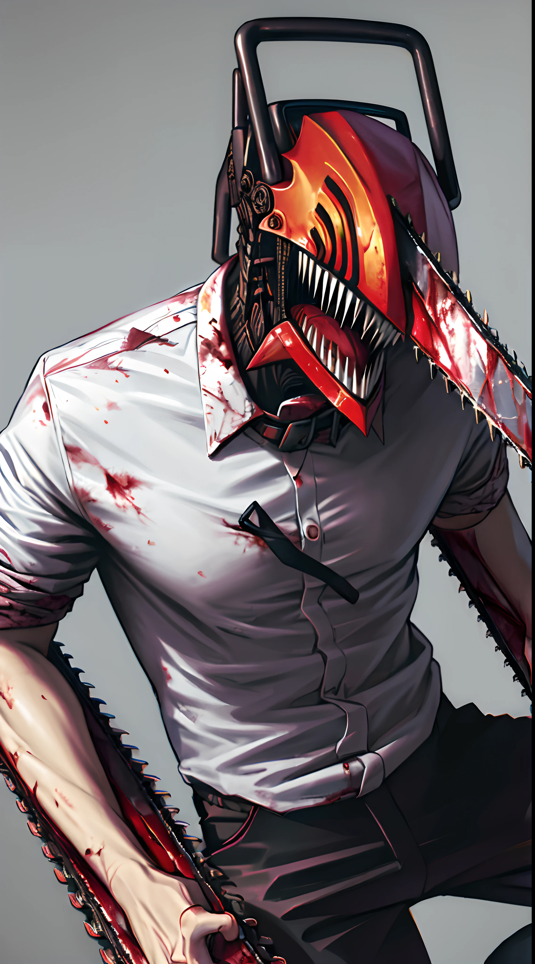 tmasterpiece, beste-Qualit, hight resolution, Monster Boy, DJB, sharp teeth, chainsaw, blood on the clothes, Blood on Weapon, shirt with collar, black pant, tongue sticking out,Rage