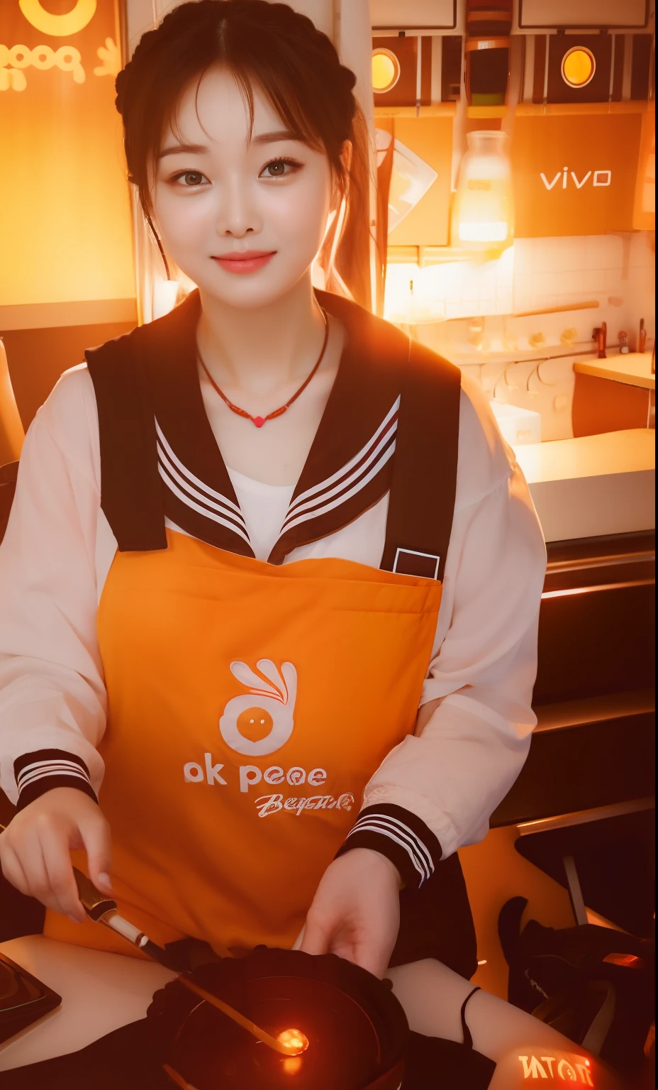 (dynamic angle:1.3, front view:1.1, breast focus:1.3, from above:1.1), (dynamic posing:1.2, sexy posing:1.2), (seductive smiling:1.3), ((holding Pasta on a plate,Taking the pasta out of the pan, worried about the outcome:1.2)),highest quality、(real、photorealistic:1.4),(ultra high resolution, 8K RAW photo, clear focus), best qualtiy, natural lighting, field depth, (Bright pupils, detailed beautiful eyes, high detailed face), Red lip, (tight focus:1.2), a girl 22yo old, Wearing a pastry chef uniform:1.3 , Thicc, thin breast, long hair, blue eyes,garter stocking, cleavage:1.2, midriff, black shorts, black thighhighs, thigh strap, pretty girl, (highly detailed beautiful face and eyes,firm breasts),real skin,((black,hair,long pony tail hair)),thin pubic hair,cute,lovely, detailed eyes,(double breasted:1.0,under bust:1.0),(with sparkling eyes and a contagious smile),open mouth, Looking at Viewer,A scene of make cooking Cakes in the kitchen
