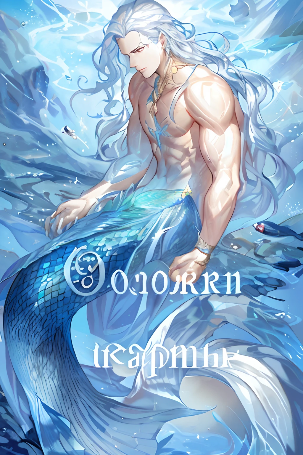 a mermaid with silver hair and a man with a muscular body,  floats in water, Holds out his hand, Silver-haired ponytail, leonid, Alexander Gerasimov, by Serhii Vasylkivsky, by Dechko Uzunov, Simon Ushakov, by Roman Bezpalkiv, by Andrei Ryabushkin, Nikolay Burachek, The cover of a fantasy book