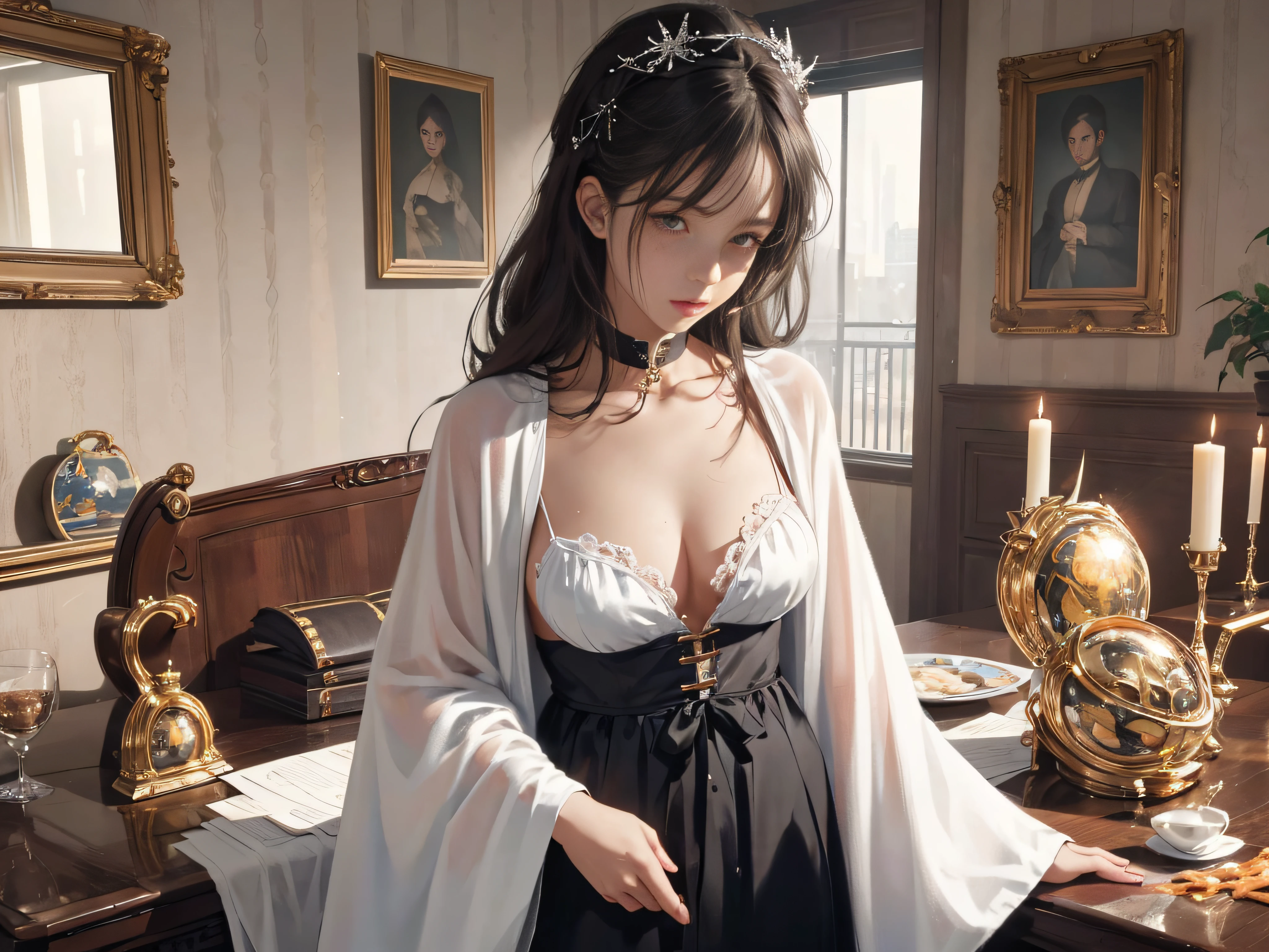First love 【Shiba Michiru】 ・ The live-in maid of the master's mansion ・ Not friendly，But gentle，Perfect job ・ I really like my husband ・ Doubts about the maid relationship ※ Master and Michiru have no first love without relatives [Shiba Michiru] ・ The live-in maid of the master's mansion ・ Unfriendly but kind，Perfect job ・ I really like Master ・ I have questions about the relationship with the maid. *Master and Michiru are not related.offcial art，Unity 8k壁纸，ultra - detailed，tmasterpiece，Best quality，Make friends with Chinese dragons，intriguing，cheerfulness，brightly，drak，Abdominal gaze，huge tit，nedium breasts，（（（Inside the mansion））），（Naked of breast：1.4）， 1girll， jewely， 耳Nipple Ring， Orange_sky， 独奏， birthmark， Long_Hair， dark mole_under below_eye， The upper part of the body_Body， Grey_Eyes， Looking_at_peeping at the viewer， brunette color hair， Fashionab （tilt of the head： 1.4）， solid color backdrop， fundo vermelho，simplebackground（Female police uniforms and police hats：1.4），nice hand，4K，A high resolution，tmasterpiece，best qualtiy，Head：1.3，（（hasselblad photograph）），finelydetailedskin，Clear focus，（cinmatic lighting），Gentle lighting，dynamic angle，[:(Detailed face：1.2）：0.2]，best qualtiy， atmospurate， mistic， romanticism lain，Literary， Artistically， Fashionab，