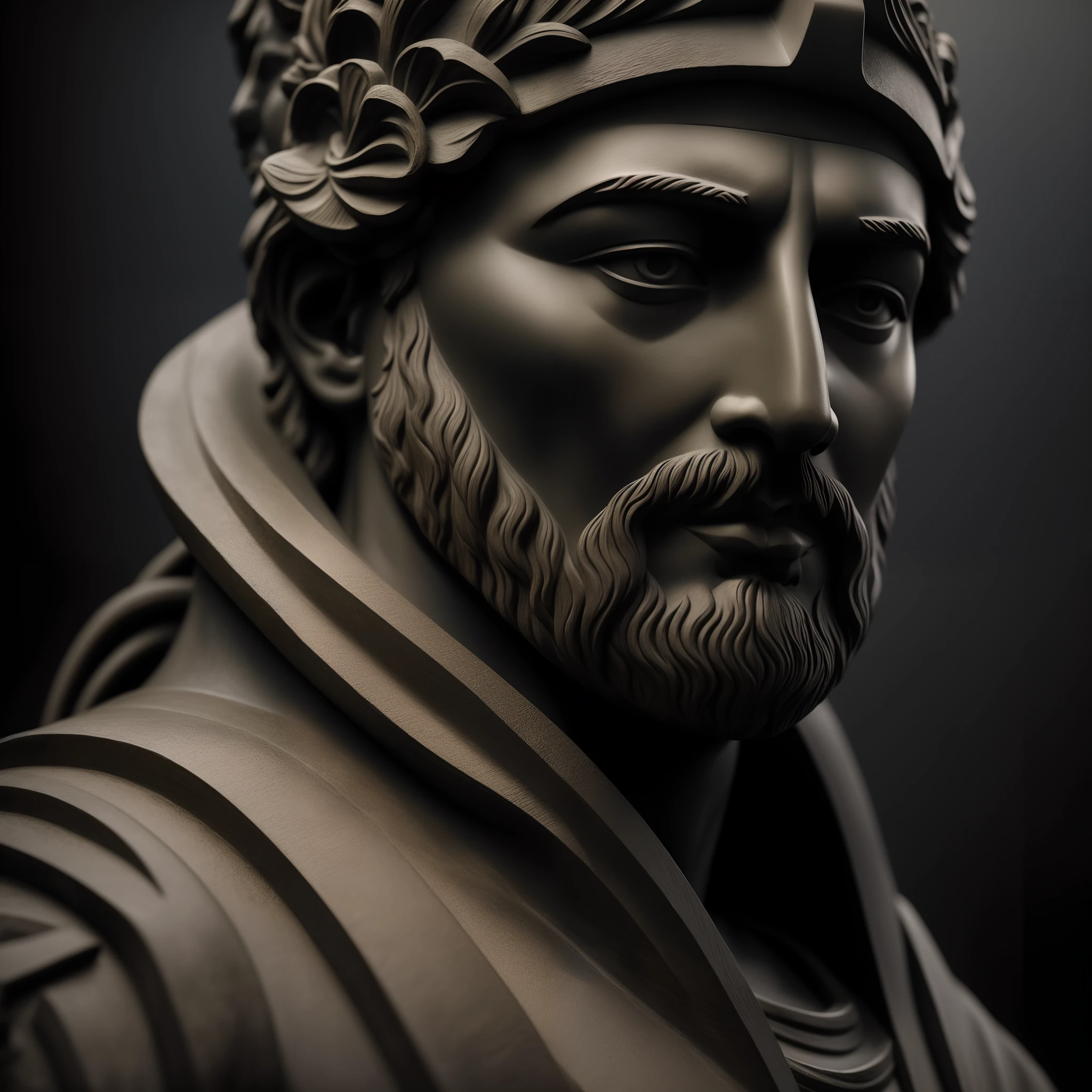 Realistic statue with all black background of an ancient master. obra-prima, melhor qualidade, Textura 8K, altamente detalhados, realista, soft  Cinematic Light, HDR, foco nítido, obra-prima, fotorrealista, fotografia premiada, Canon EOS R5, 35 mm.