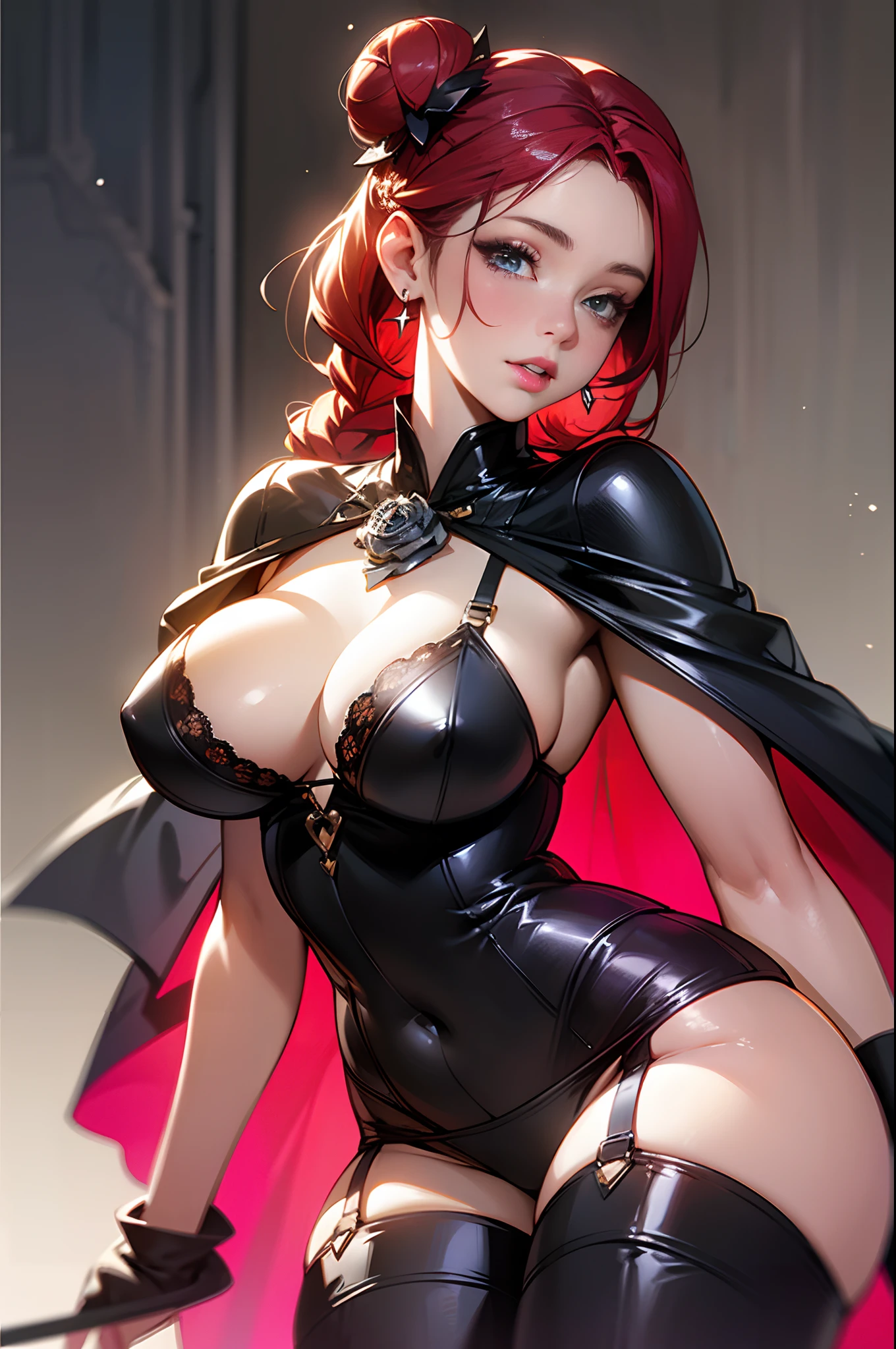 8k, masterpiece, RAW photo, best quality, photorealistic, extremely detailed CG unity 8k wallpaper, Depth of field, Cinematic Light, Lens Flare, Ray tracing, (extremely beautiful face, beautiful lips, beautiful eyes), intricate detail face, ((ultra detailed skin)) 1girl, red hair up in bun, black leather bustier laced in front, red rose clasp holding together a long black cape, black spike neck collor, black panties, long black boots :1.3), ((looking at viewer)), open breast, very slim, long legs, large breasts, sexy curvy ass, sexy pose, full frame pic, long hair braided --auto --s2