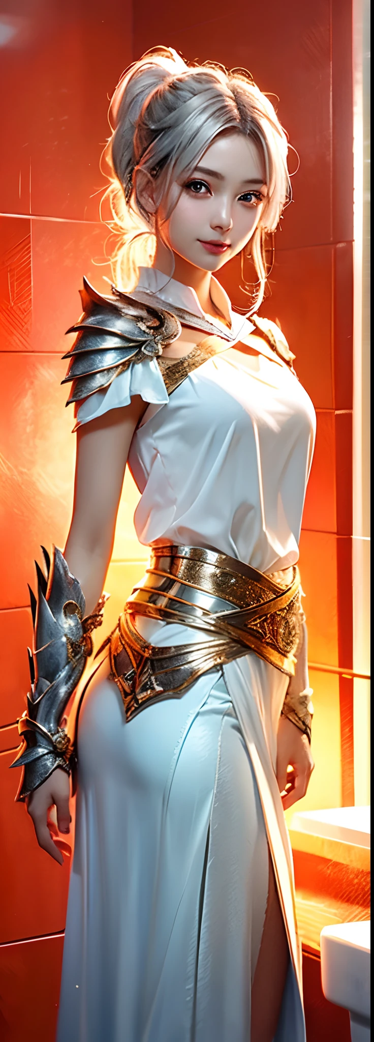 Short silver-white hair,Gaoza double ponytail,Delicate and bright hair color,Delicate and perfect face,The corners of the eyes are slightly red,seduct smile,upturned corners of the mouth,Armor,Raised skirt,Wet temptation,Water drops are depicted in detail,Delicate long legs,The skin texture is delicate,Leaning against the bathroom wall,Cinematic gloss,Best quality photos 16k high resolution。