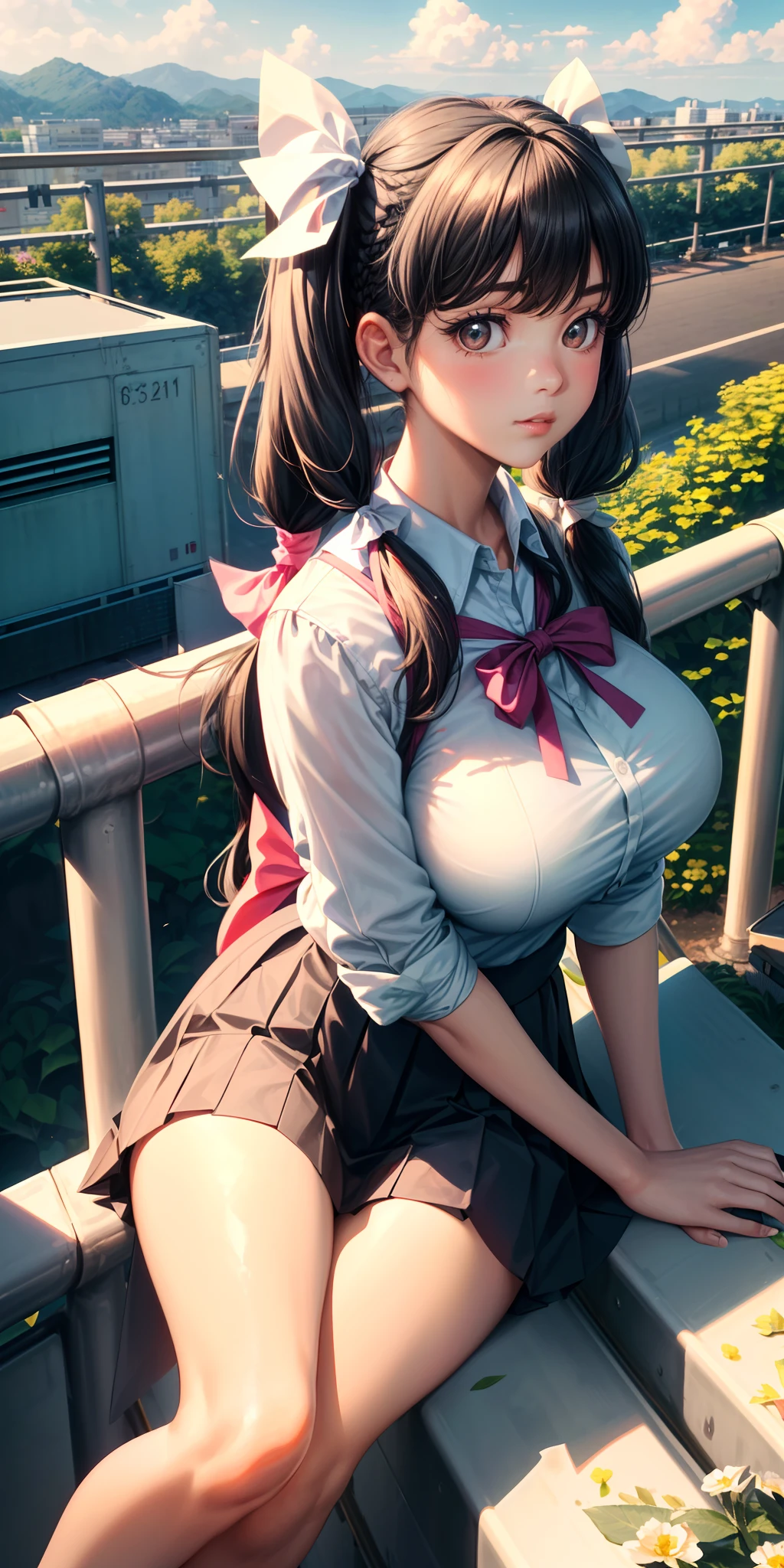 big breasts, ((1girl)), ((black hair with gray streaks, long wavy hair with bangs)) (((long pigtails, ribbon bow)))) (((1girl, solo))) )) ((25 years old)) turquoise eyes, has an extremely sexy body, with full breasts and a thin waist, and an extremely sexy body, stylish school uniform a little open on the breasts, low-cut pleated skirt with delicate fabric, has a bold look . young, quality, realistic, great quality, ((((perfect face)))) cute expression, soft lips, calm expression, absent-minded, park, grass garden in the distance, lying on delicate woven cloth, walking in the street, flowers, day sunny, clouds, ((((big breasts pressing against the guardrail)))), (((school terrace))), (((view outside the guardrail)))