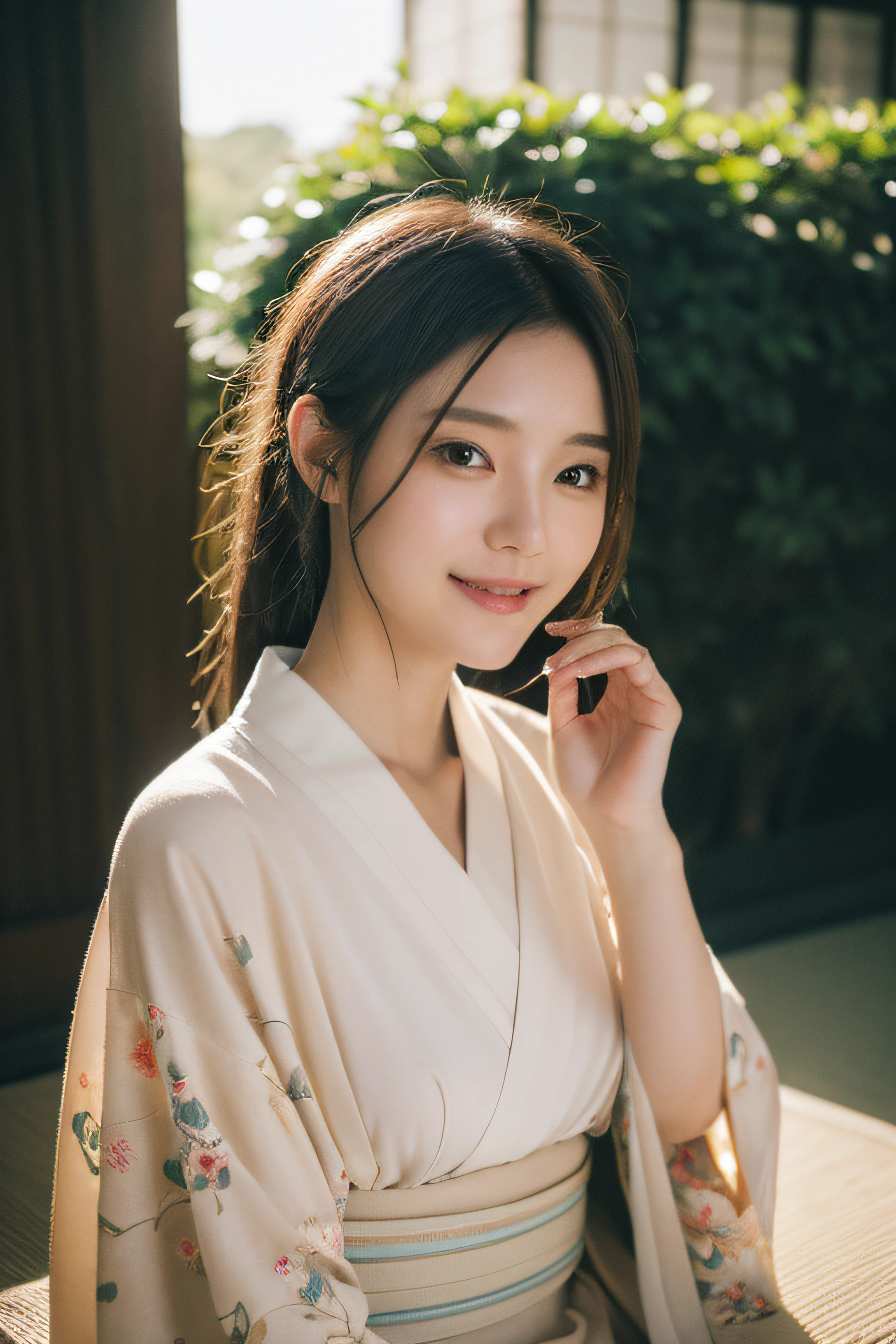 (Photorealsitic:1.4), (Top image quality:1.0), (超A high resolution:1.0), 8K, Raw photography, (​masterpiece:0.2), (pureerosface_v1:0.5)、(Best Quality Detail:1.2)、realisitic、8K UHD、hight resolution、(1girl in:1.2)、The ultra-detailliert、High quality textures、intricate detailes、detaileds、Very detailed CG、High quality shadows、Detail Beautiful delicate face、Detail Beautiful delicate eyes、depth of fields、Ray traching,1girl in, japanaese girl, Cute, slender, Black kimono, Kimono with Japanese pattern,Floral scrunchie, Beautiful skin, Facing the front,Sit down, Sit upright and say thank you,Align your hands elegantly,Smile faintly The Land of Japan,Japanese garden,Luxury Japanese-style room, skyporn, Magic Hour, (Realistic:1.3), Finely detailed, quality, (masutepiece:1.2), (Photorealistic:1.2), (Best Quality), (Intricate details), Dramatic, Ray tracing, photograph, +Lola