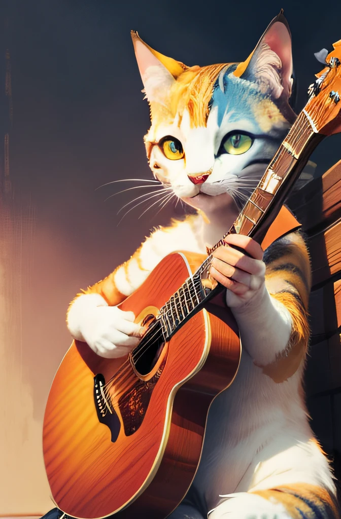 gato, musico, estilo aquarela, Icons, cores vibrantes, estilo musical, arte desenho, detalhes coloridos, Hipnotizante, feito profissionalmente, beautiful illustration, todos os caracteres em corpo inteiro detalhado, altamente detalhado, vibrante, desenho animado