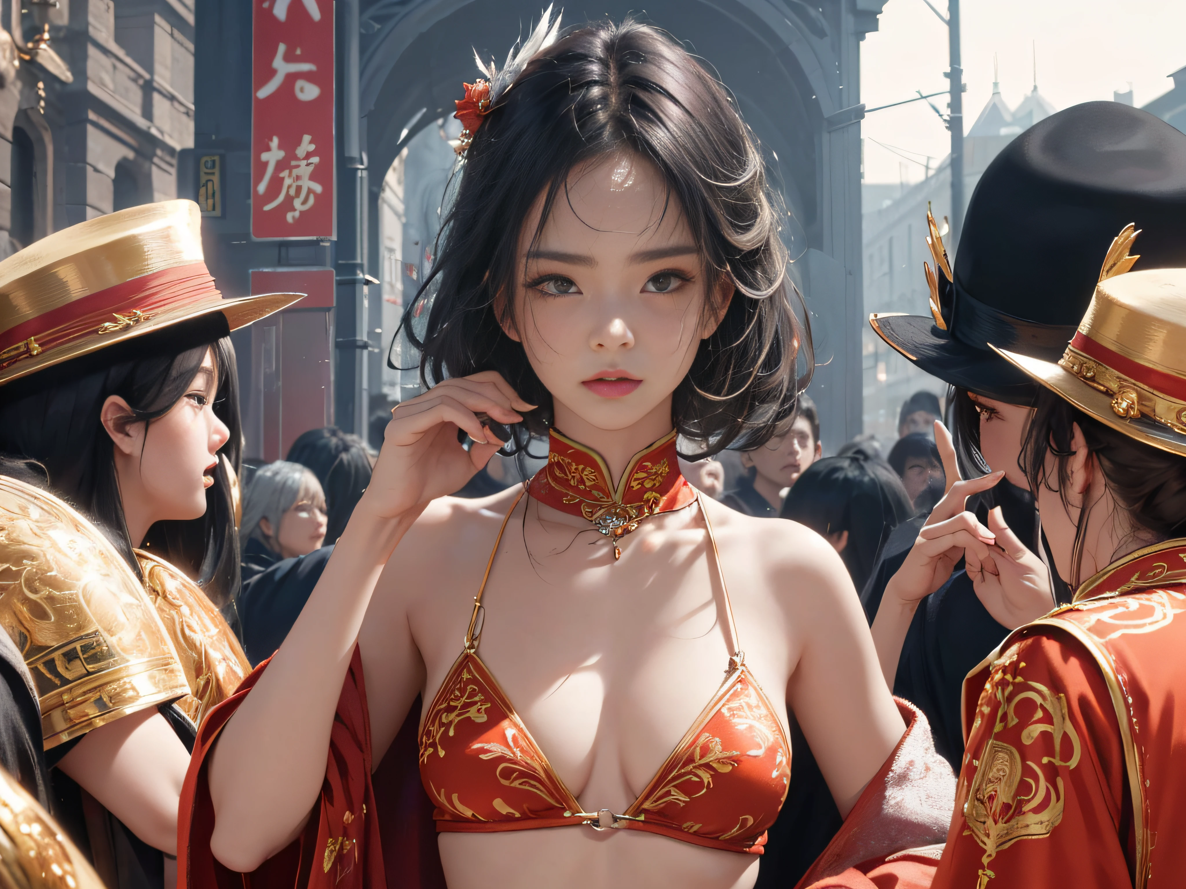 offcial art，Unity 8k壁纸，ultra - detailed，tmasterpiece，Best quality，Make friends with Chinese dragons，intriguing，cheerfulness，brightly，drak，Abdominal gaze，huge tit，nedium breasts，（（（Inside the mansion））），（Naked of breast：1.4）， 1girll， jewely， 耳Nipple Ring， Orange_sky， 独奏， birthmark， Long_Hair， dark mole_under below_eye， The upper part of the body_Body， Grey_Eyes， Looking_at_peeping at the viewer， brunette color hair， Fashionab （tilt of the head： 1.4）， solid color backdrop， fundo vermelho，simplebackground（Female police uniforms and police hats：1.4），nice hand，4K，A high resolution，tmasterpiece，best qualtiy，Head：1.3，（（hasselblad photograph）），finelydetailedskin，Clear focus，（cinmatic lighting），Gentle lighting，dynamic angle，[:(Detailed face：1.2）：0.2]，best qualtiy， atmospurate， mistic， romanticism lain，Literary， Artistically， Fashionab，