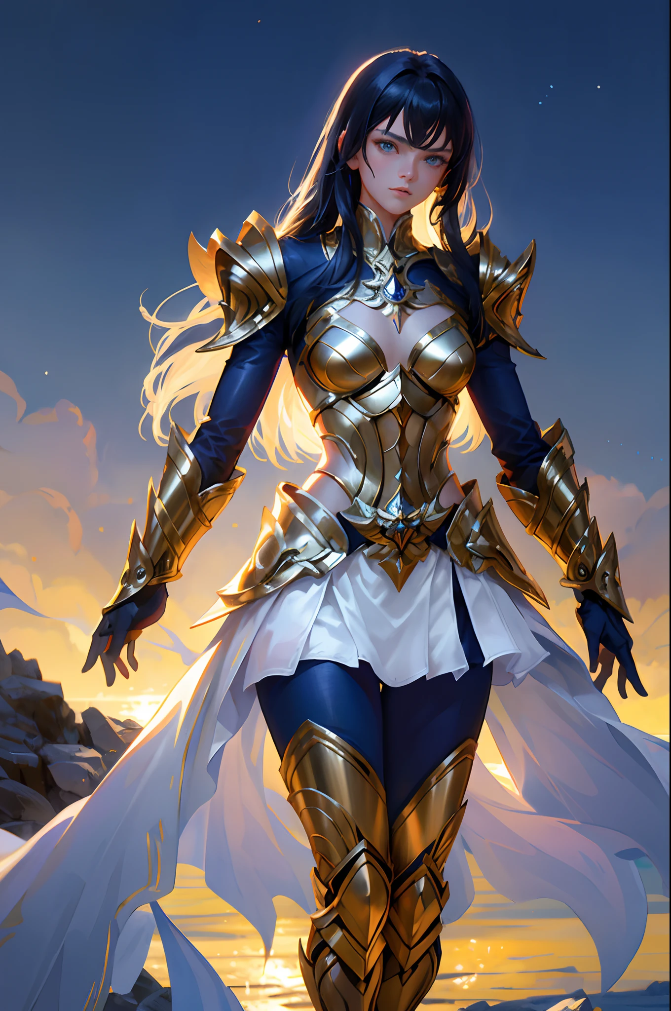 Ultra-high saturation，（tmasterpiece）， fully body photo，（best qualtiy）， （1girll）， starryskybackground，Wearing shiny gold armor， Sexy lingerie type armor，Expose your chest，Expose the waistline，Exposing thighs，cool-pose， Saint Seiya Armor， messy  hair，high detal, Anime style, Cinematic lighting, Sparkle, god light, Ray traching, filmgrain, hyper HD, textureskin, super detailing, Anatomical correct, A high resolution，Ultra-high saturation，hight contrast，High-gloss armor，Smooth skin，Serious expressions,Dark room,