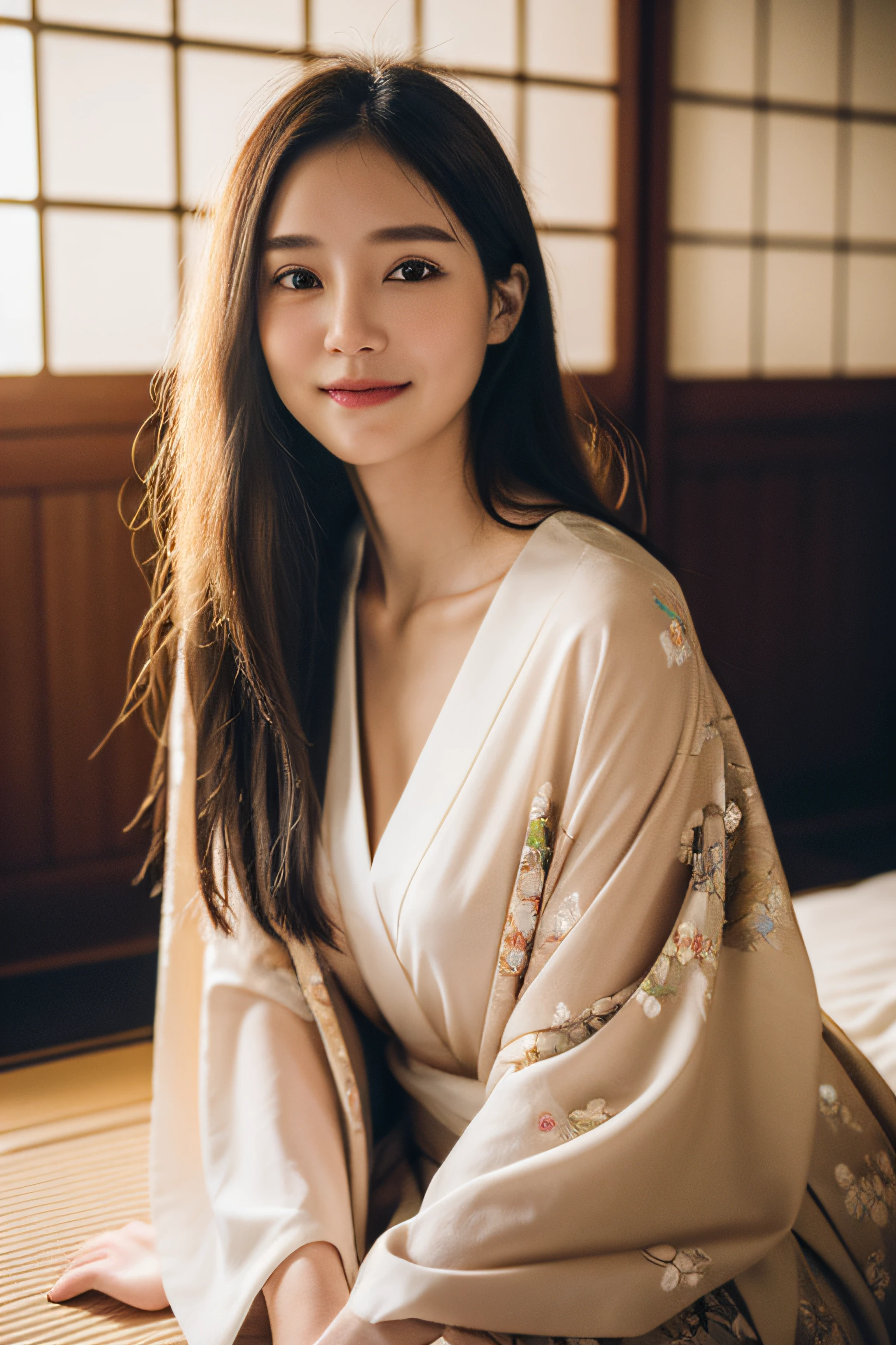 (Photorealsitic:1.4), (Top image quality:1.0), (超A high resolution:1.0), 8K, Raw photography, (masterpiece:0.2), (pureerosface_v1:0.5)、(Best Quality Detail:1.2)、realisitic、8K UHD、hight resolution、(1girl in:1.2)、The ultra-detailliert、High quality textures、intricate detailes、detaileds、Very detailed CG、High quality shadows、Detail Beautiful delicate face、Detail Beautiful delicate eyes、depth of fields、Ray traching,1girl in, japanaese girl, Cute, slender, Black kimono, Kimono with Japanese pattern,Floral scrunchie, Beautiful skin, Facing the front,Sit down, Sit upright and say thank you,Align your hands elegantly,Smile faintly The Land of Japan,Japanese garden,Luxury Japanese-style room, skyporn, Magic Hour, (Realistic:1.3), Finely detailed, quality, (masutepiece:1.2), (Photorealistic:1.2), (Best Quality), (Intricate details), Dramatic, Ray tracing, photograph, +Lola