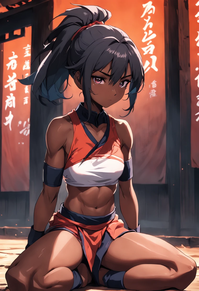 A dark-skinned kunoichi calmly sitting in the shadows, baggy clothe, feminine curves, strong abs and very lean musculature.