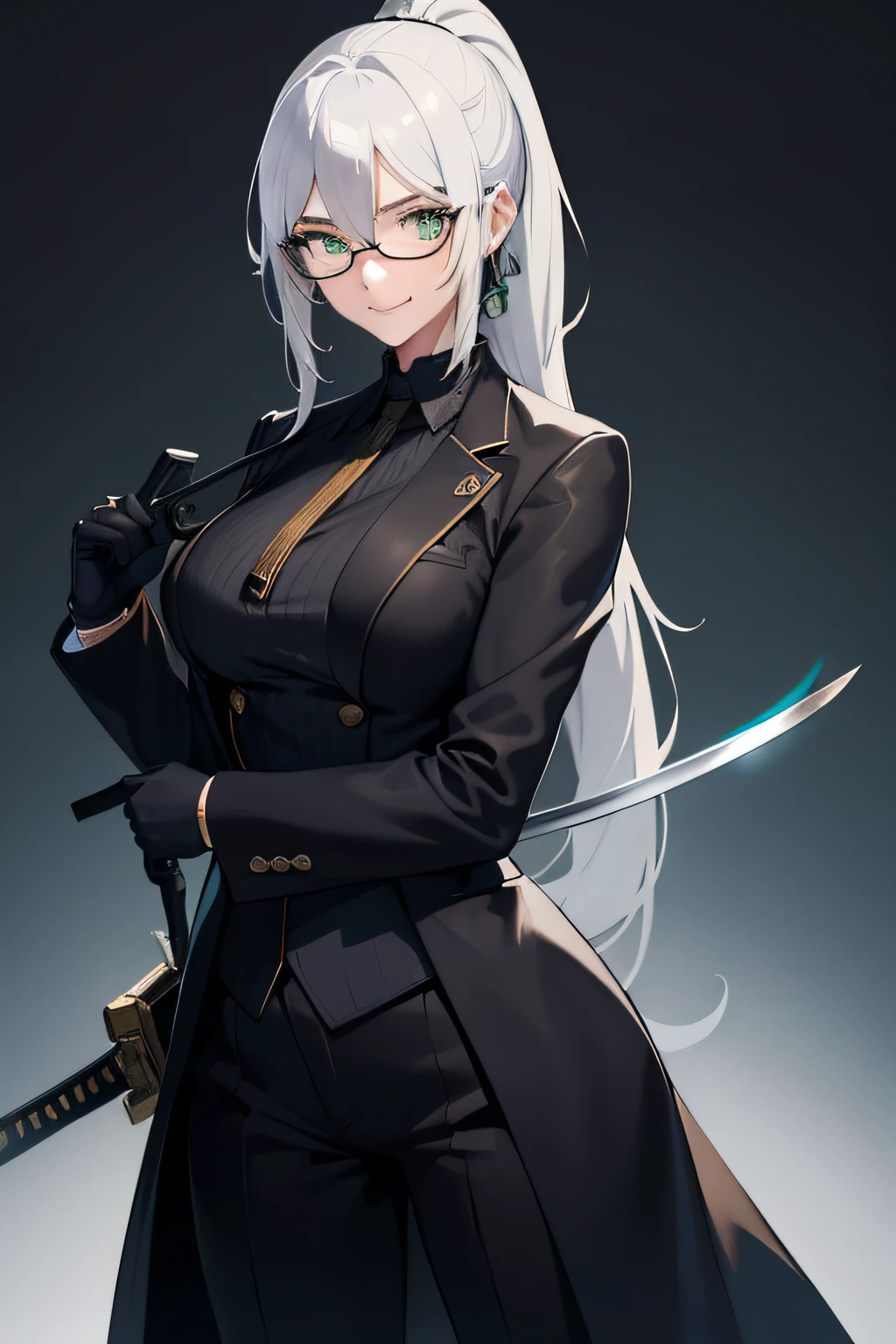 1woman, tall, large chest, long silver hair ponytail. glasses, sharp green eyes, smile confidently, wearing a black assassin suit, katana and handgun. luxurious background.