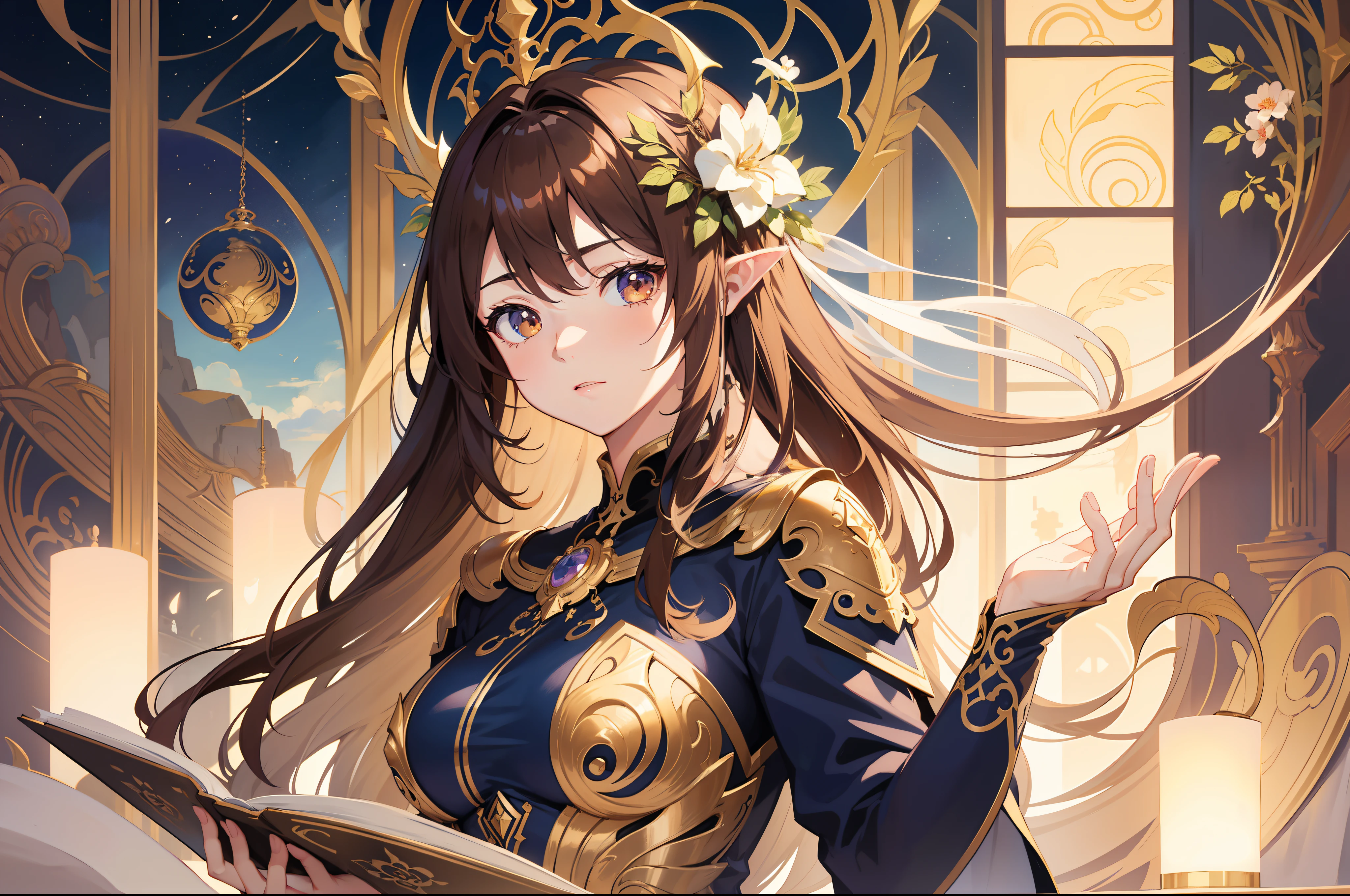 Official Art, Masterpiece European female face,elvish, short hair, chestnut brown hair , brown eyes , Flower Frame ,Decorative panel , jugendstil , (​masterpiece、top-quality、hight resolution: 1.4),in 8K,color splashes、line-drawing、Fibonacci、Drawing of a woman with short chestnut brown hair and a crown, Anime Art Nouveau, Detailed Digital Anime Art, portrait knights of zodiac girl, highly detailed exquisite fanart, anime fantasy illustration, clean detailed anime art, detailed anime art, Sharp Focus, (Beautiful gorgeous cute woman:1.3), (Beautiful cute woman:1.3), Delicate Beautiful Hair and Eyes and Face, realisitic, ultra-detailliert, a beauty girl,A slender, Pretty breasts and buttocks、Dynamic hair、Detailed cestnut brown hair