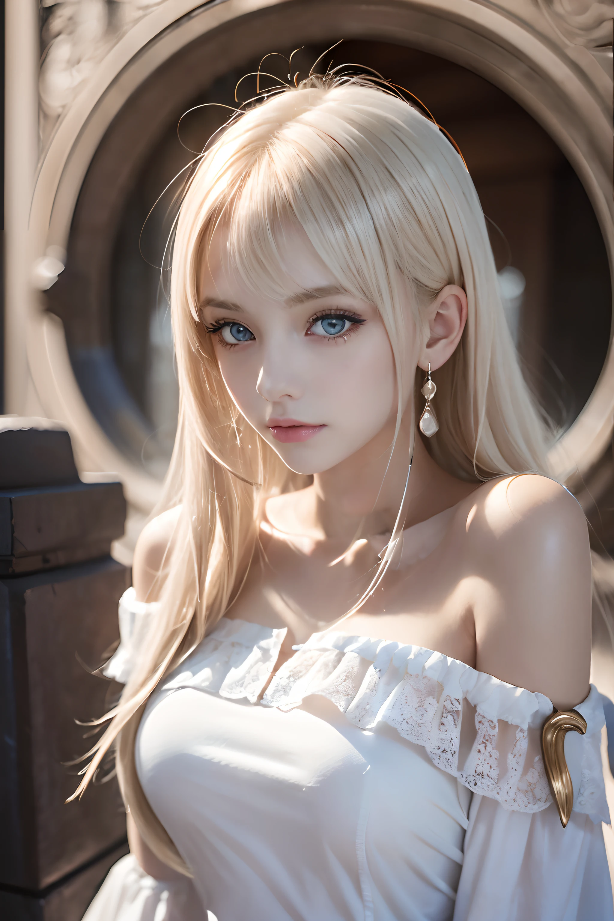 bright expression、Young shiny shiny white shiny skin、Best Looks、Blonde reflected light、Platinum blonde hair with dazzling highlights、shiny light hair,、Super long silky straight hair、Beautiful bangs that shine、Glowing crystal clear attractive big blue eyes、Very beautiful nice cute girl、Lush bust,Beautiful detailed eyes, beautiful detailed nose,(( Full body:1.5)),Makeup that the eyes emphasize、,(Women like Joan of Arc)、Knights, ((Sword and scabbard)):1.5,Royal style,Comic style, , Sub-surface scattering, ornate detail, nature backdrop, Hyper-realistic, ((Cinematic)), Dramatic Lighting, masutepiece、((Off-the-shoulder white shirt dress:1.4))、((battle field))、(Loose and fluffy perm:1.4)