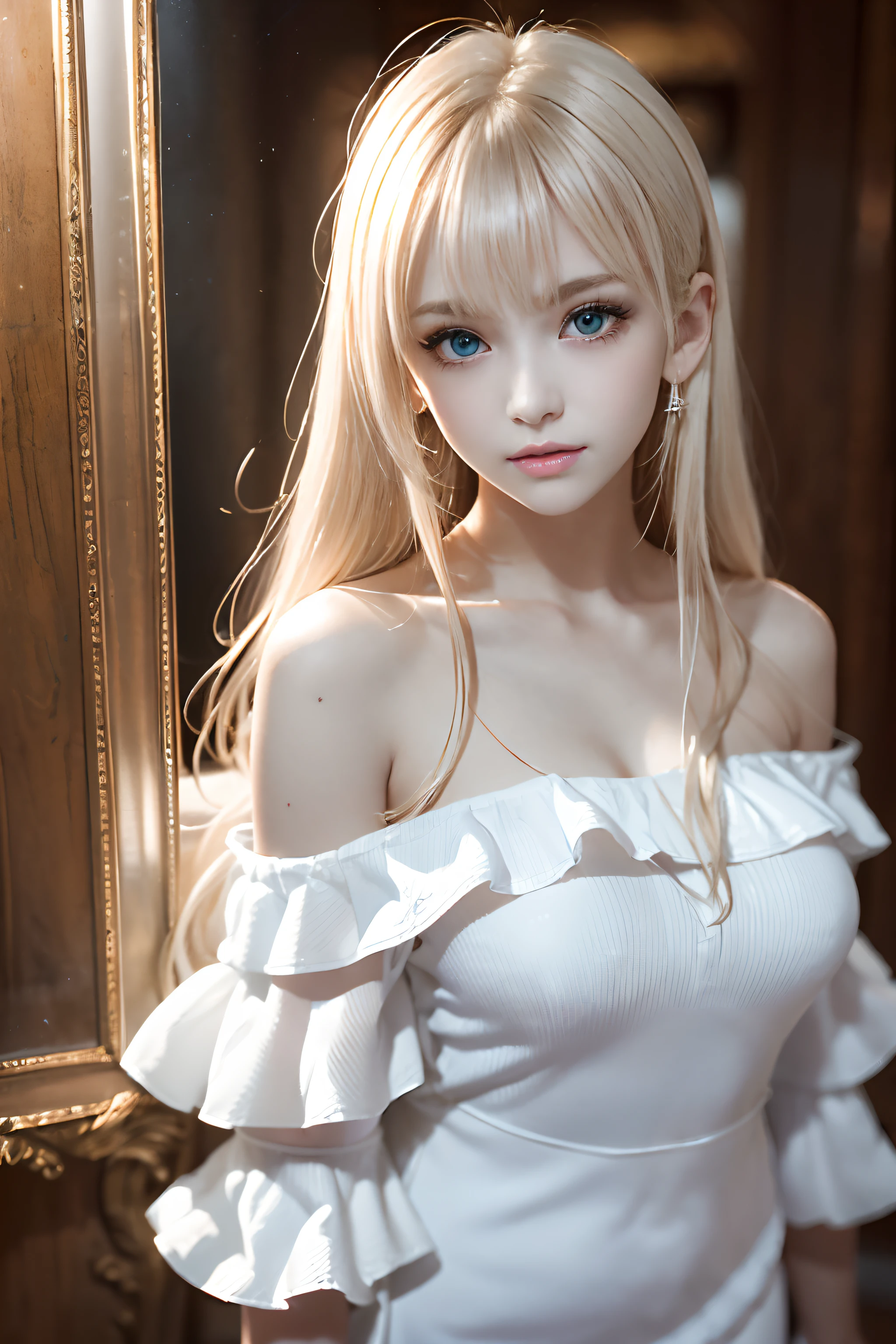 bright look、young shiny glossy white shiny skin、Best Look Rondo Reflective Light、Platinum blonde hair with dazzling highlights、shiny bright hair,、super long straight hair、Shining beautiful bangs、輝くクリスタルクリアな魅力的な大きな青いeye、She is a very beautiful and lovely girl,美しく細かいeye, beautifully detailed nose,(( whole body:1.5)),eyeが強調するメイク、royal style,comic style, , Scattered under the water, gorgeous details, nature background, ((cinematic)), dramatic lighting, table top、((Off-the-shoulder sheer white dress、Mini skirt type:1.4))、(Loose and fluffy perm:1.4)、1 girl、Ultra-realistic 8k CG, 絵に描いたようなperfectionな顔, perfection, clean, table top, professional artwork, famous works, perfectionな顔, beautiful face, 美しいeye, ((perfectionな女性の体)), alone,(An immersive atmosphere, chiaroscuro:1.5,bright light:1.2,bright lighting),(blush:0.5),attractive appearance,very detailed_eye,big,Beautiful and detailed background,Depth of written boundary,realistic:1.3, long shot, whole body,、((nipple))、(腫れぼったいeye:1.2)、 (slim legs),(Light hits your face and chest)、(((((underboob)))))、lower chest、oily skin、skinny、 (the underside of the chest is slightly visible),(eyeに見えるunderboob、I can see your belly button and ribs)、Hip bones and lower abdomen are visible、Flared skirt in navy blue、(lift the skirt),