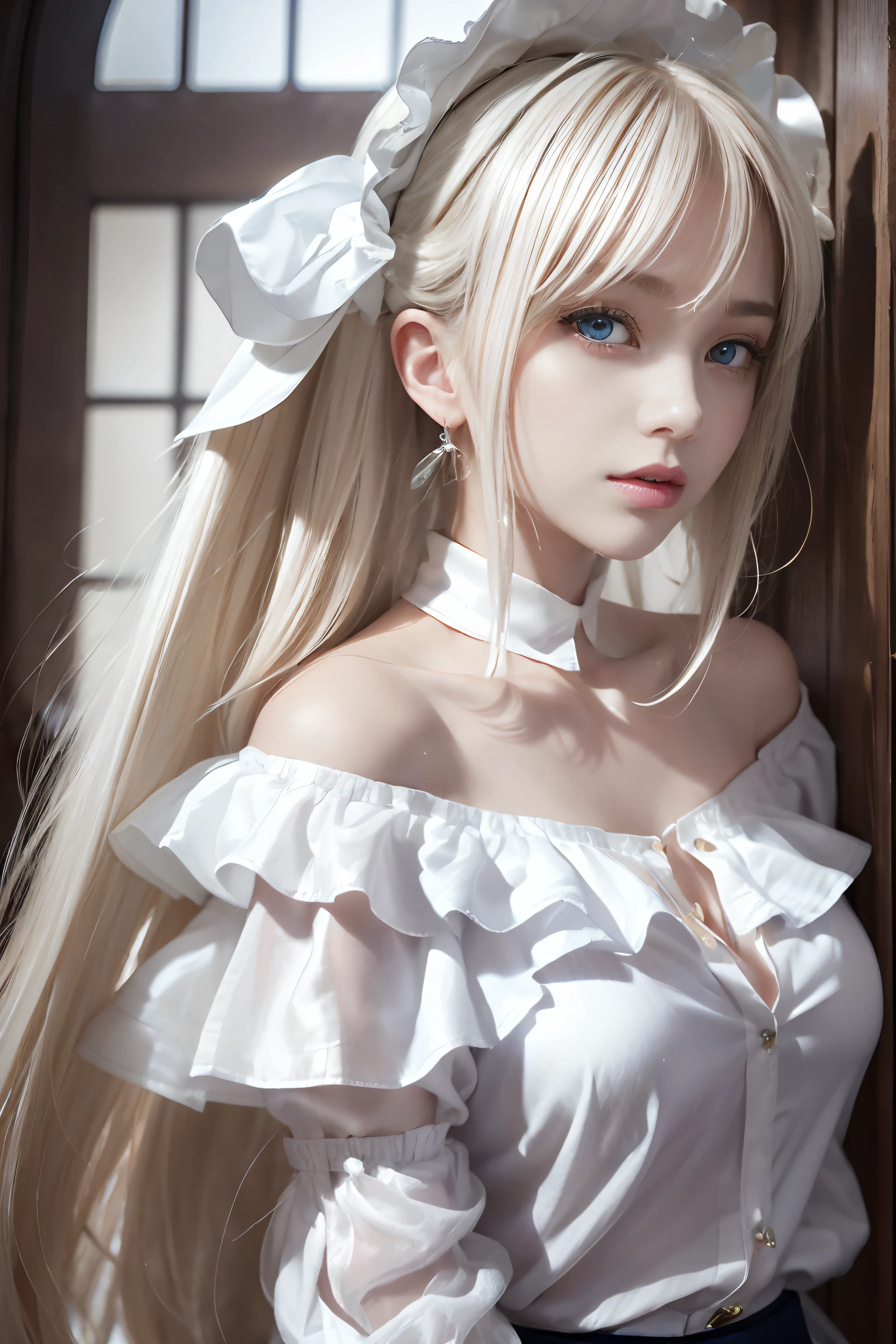 bright expression、poneyTail、Young shiny shiny white shiny skin、Best Looks、Blonde reflected light、Platinum blonde hair with dazzling highlights、shiny light hair,、Super long silky straight hair、Beautiful bangs that shine、Glowing crystal clear attractive big blue eyes、Very beautiful nice cute 16 year old girl、Lush bust,Beautiful detailed eyes, beautiful detailed nose,(( Full body:1.25)),Makeup that the eyes emphasize、,(Women like Joan of Arc)、Knights, Sword and scabbard,Royal style,Comic style, , Sub-surface scattering, ornate detail, nature backdrop, Hyper-realistic, ((Cinematic)), Dramatic Lighting, masutepiece、((Off-shoulder white shirt:1.4))、((battle field))